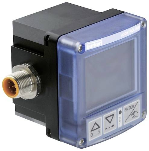 Appareil de commande électronique avec boîtier bleu de Bürkert, affichage et élément de connexion ; pour la régulation de processus.
