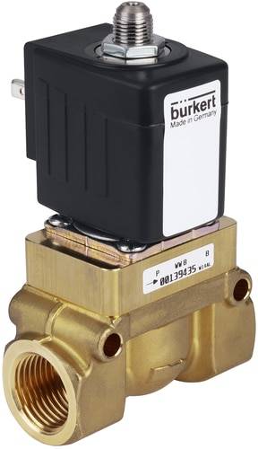 Une vanne électromagnétique portant l'inscription 'burkert Made in Germany'. Elle est composée de composants métalliques en or et en noir.
