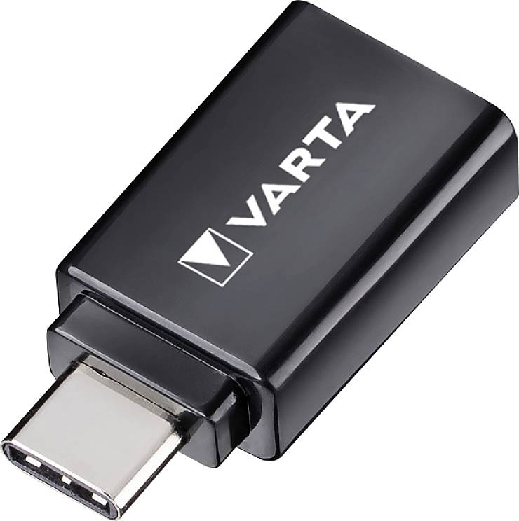 Un adaptateur de charge USB-C de VARTA, noir, compact, doté d'un port USB-C apparent.