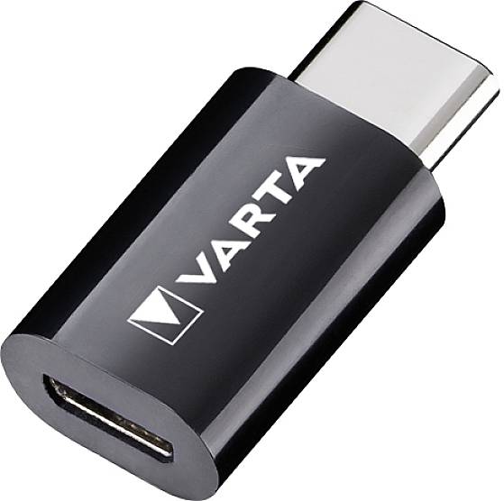 Adaptateur USB-C de Varta en noir avec connecteur brillant.