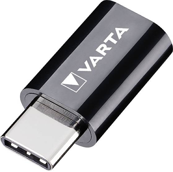 Un chargeur USB-C noir portant l'inscription 'Varta', adapté pour recharger des appareils électroniques.