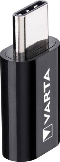 Adaptateur USB-C avec boîtier noir, imprimé sur le côté avec 'VARTA'.