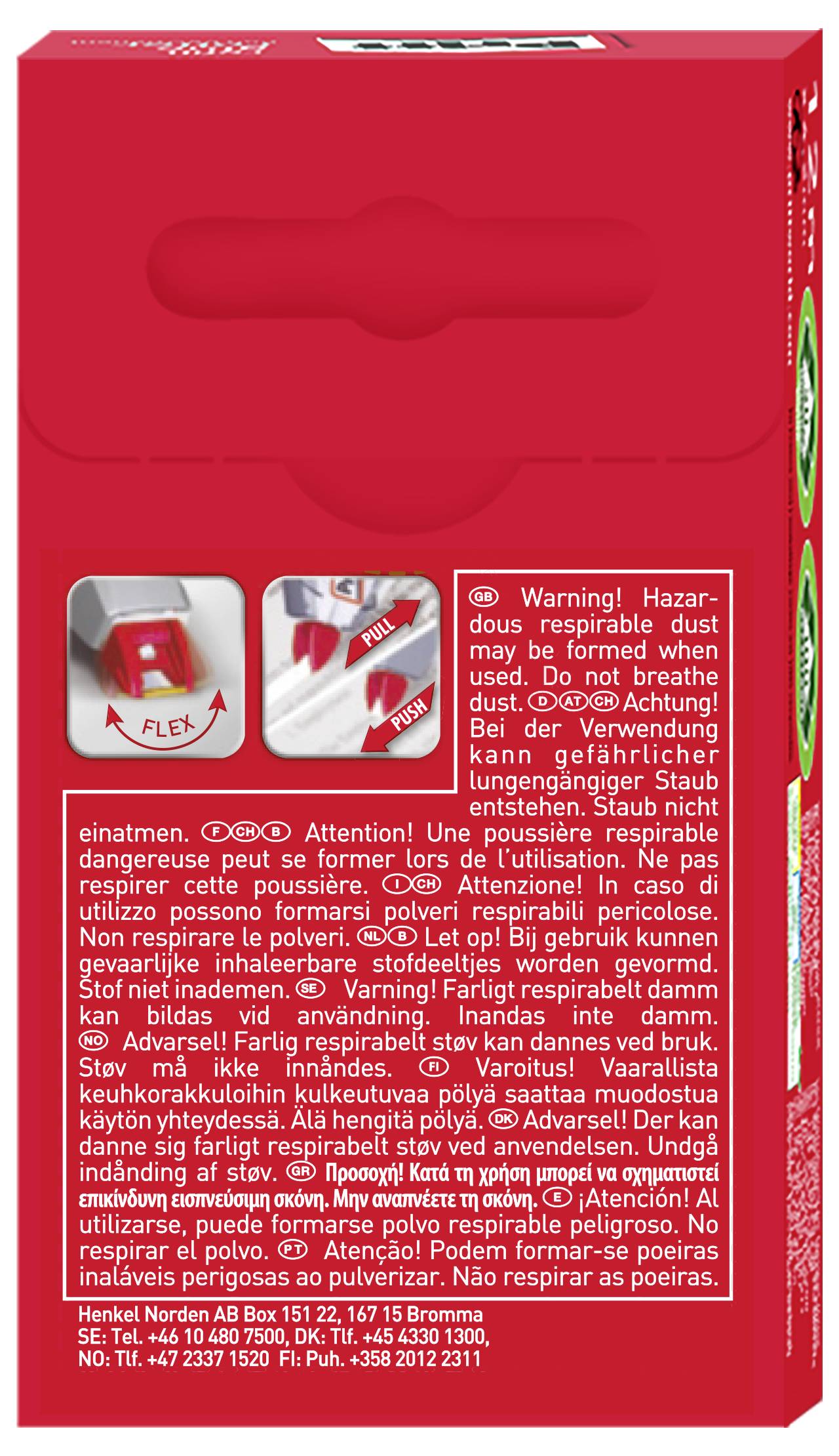 Dos d'une boîte de dentifrice rouge avec des avertissements de sécurité multilingues concernant l'inhalation de poussière. Comprend des icônes d'utilisation du produit et des détails de marque.