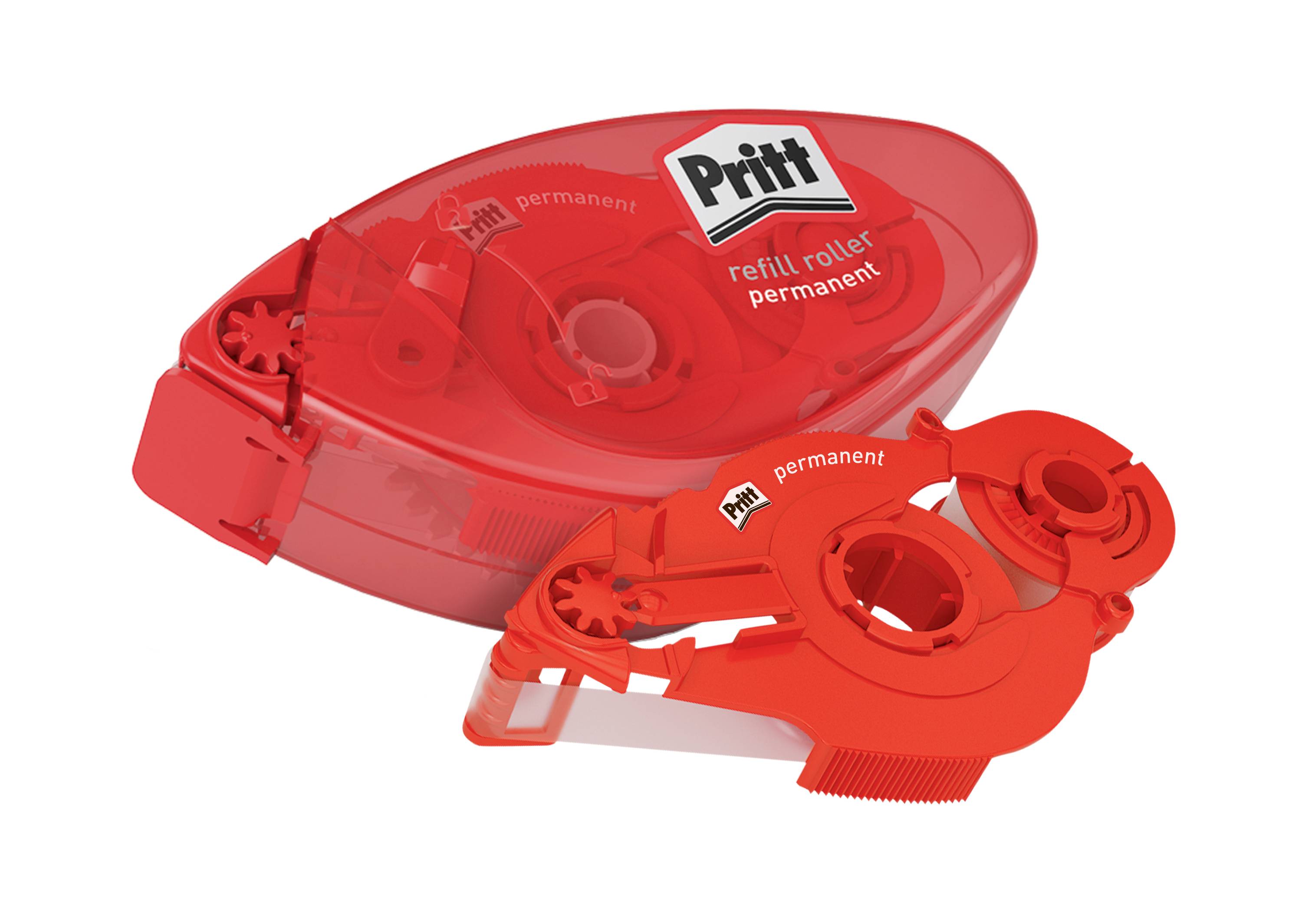 Rouleau de recharge Pritt rouge étiqueté «permanent», avec un mécanisme de rouleau apparent, utilisé pour l'application de ruban adhésif.