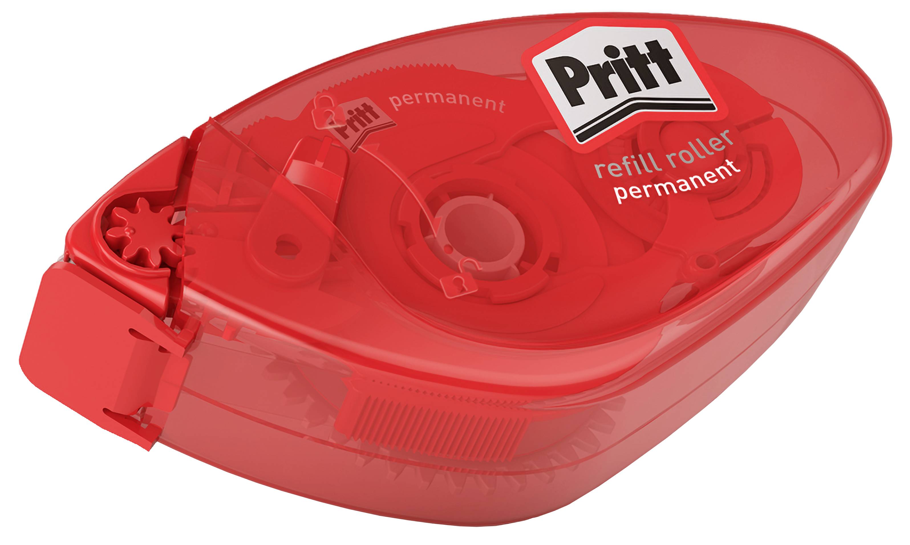 Rouleau de recharge Pritt rouge étiqueté 'permanent' pour ruban adhésif, avec des engrenages visibles à travers un boîtier transparent.