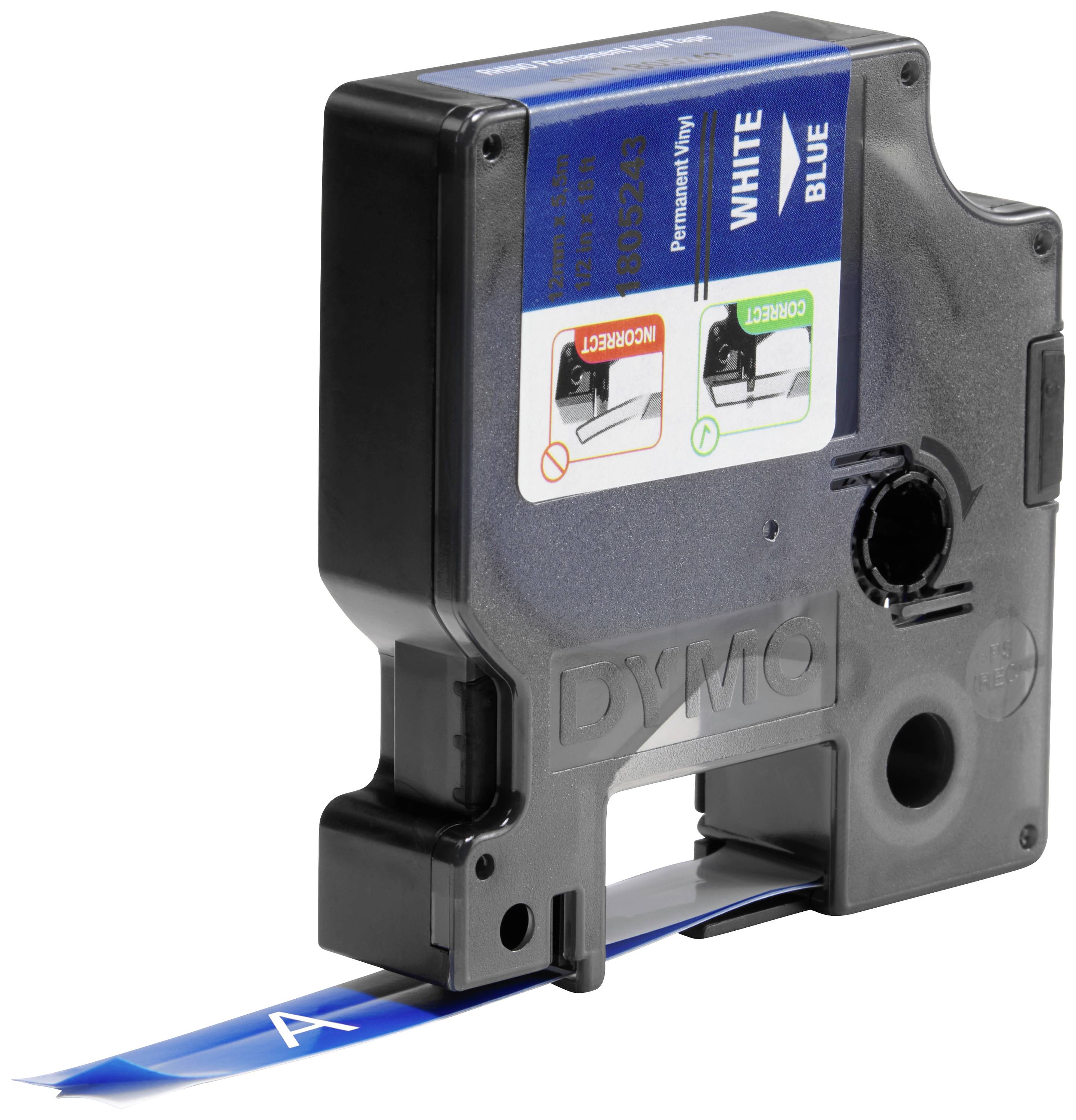 Cassette d'étiquettes DYMO noire avec inscription bleue et blanche, montrant les instructions pour l'insertion dans une imprimante.