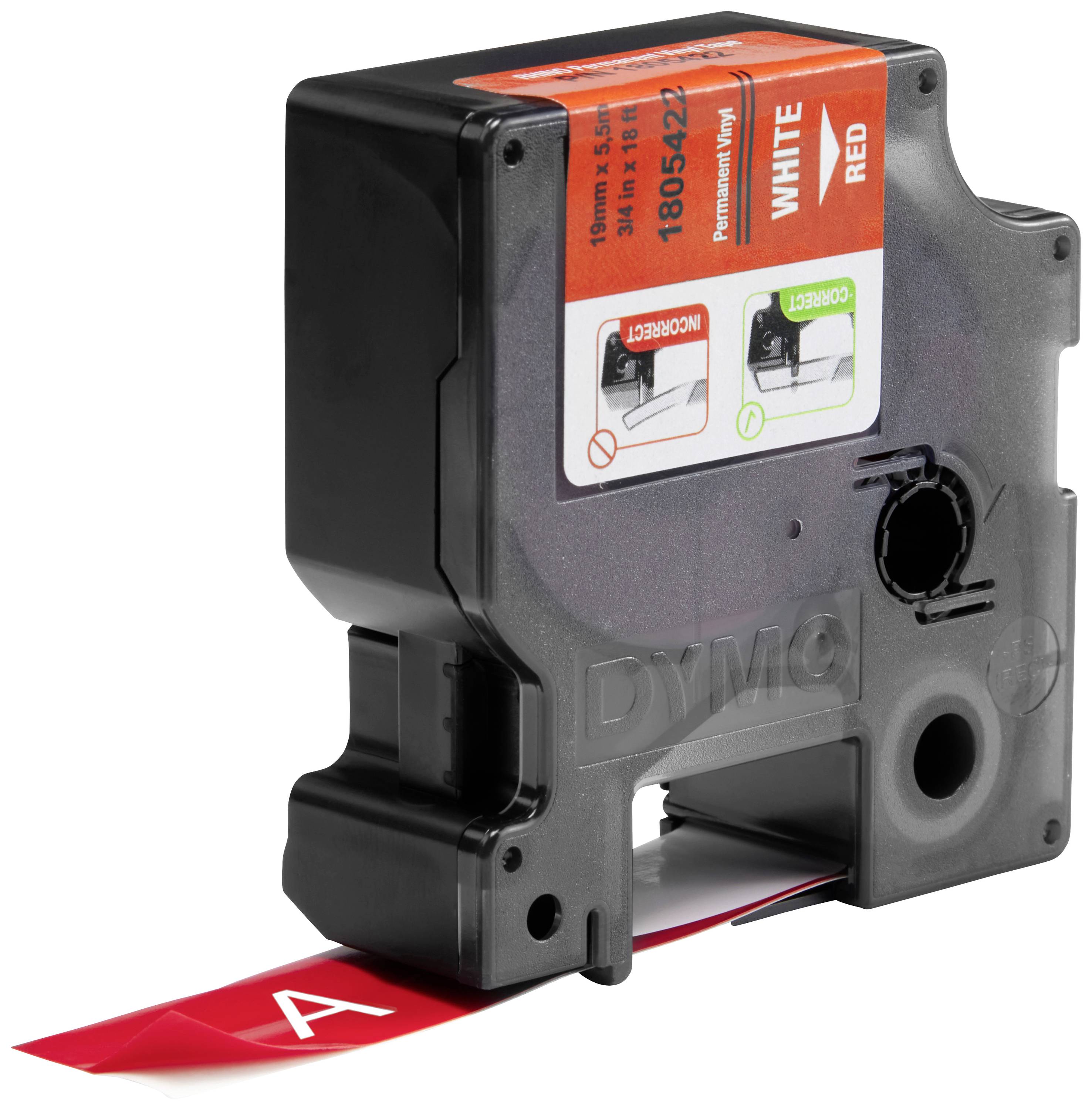Cassette de ruban avec bande DYMO rouge et blanche, montrant le chargement correct et incorrect du ruban.