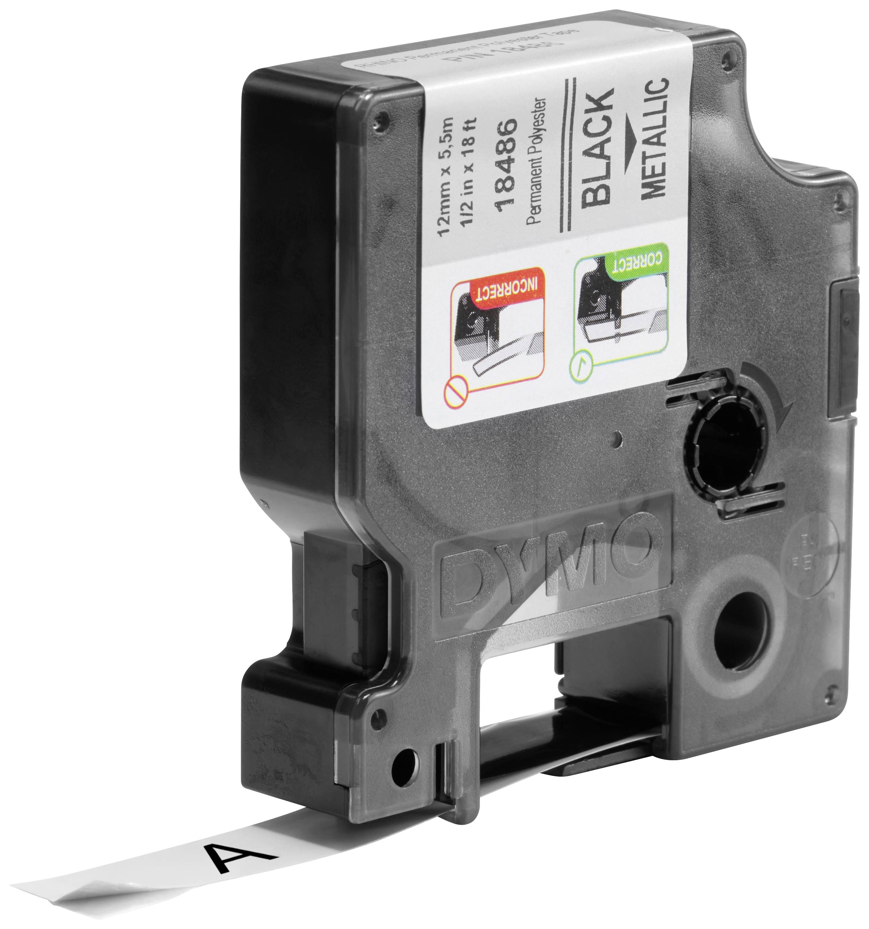 Cassette d'étiquettes métallique noire de Dymo, compatible avec des étiquettes de 12 mm, avec un ruban affichant la lettre 'A'.