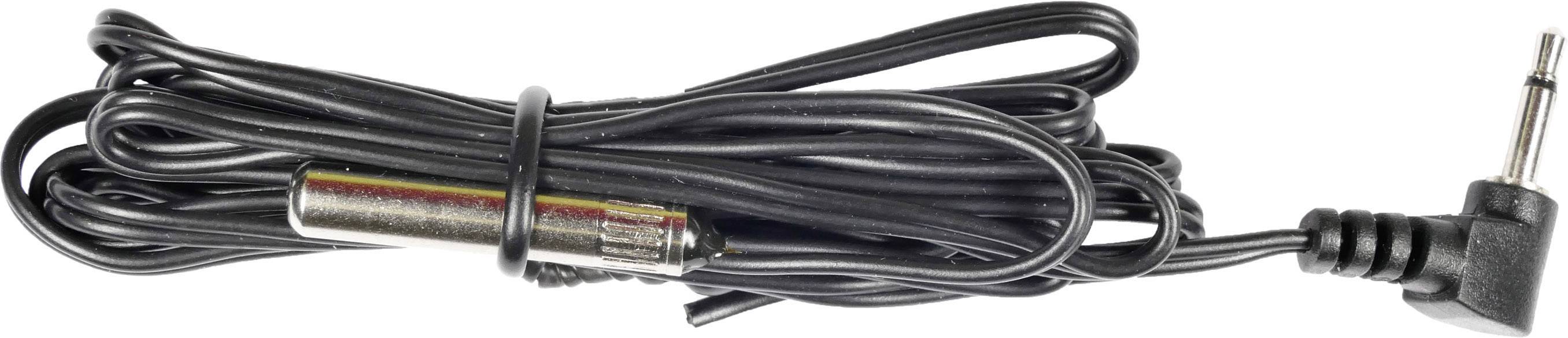Un long câble noir avec un cylindre métallique au milieu et une fiche coudée à angle droit à l'extrémité, probablement un capteur ou un adaptateur.