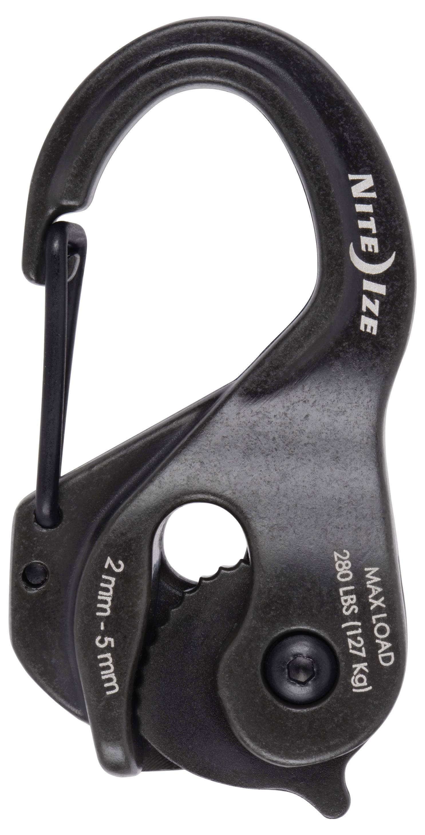 Un mousqueton de verrouillage noir de Nite Ize, conçu pour un cordon de 2 mm à 5 mm, avec une charge maximale de 280 livres (127 kg).