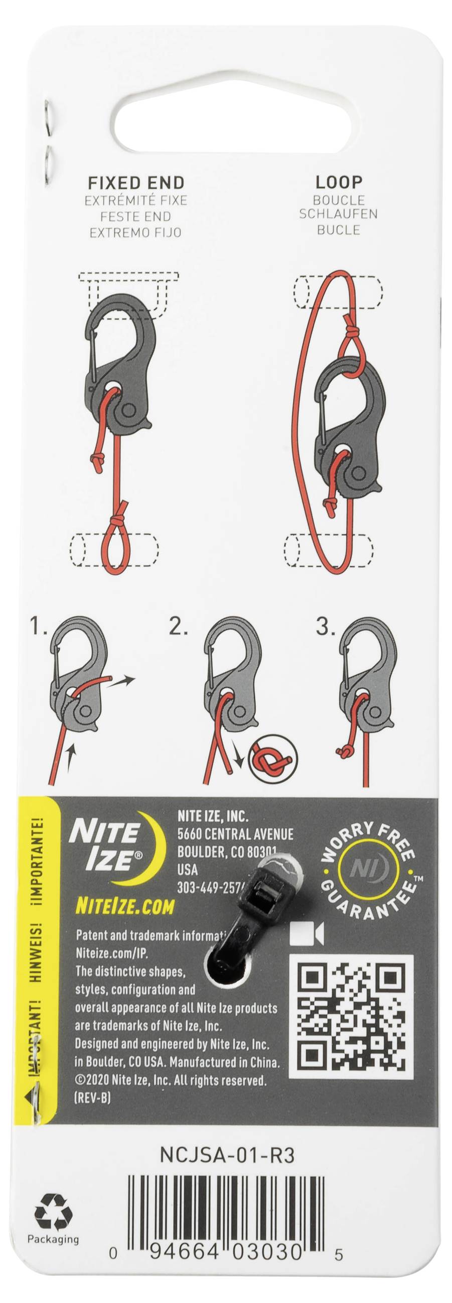 Instructions Nite Ize CamJam : Insérer la corde dans l'extrémité fixe, passer la boucle de l'autre côté, serrer et bloquer à l'aide du levier.