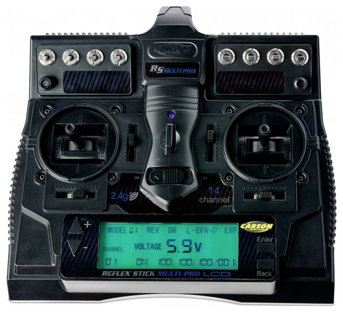 Remote control with dual joysticks, an LCD screen displaying 'VOLTAGE 5.9v', and multiple switches, used for operating RC vehicles.