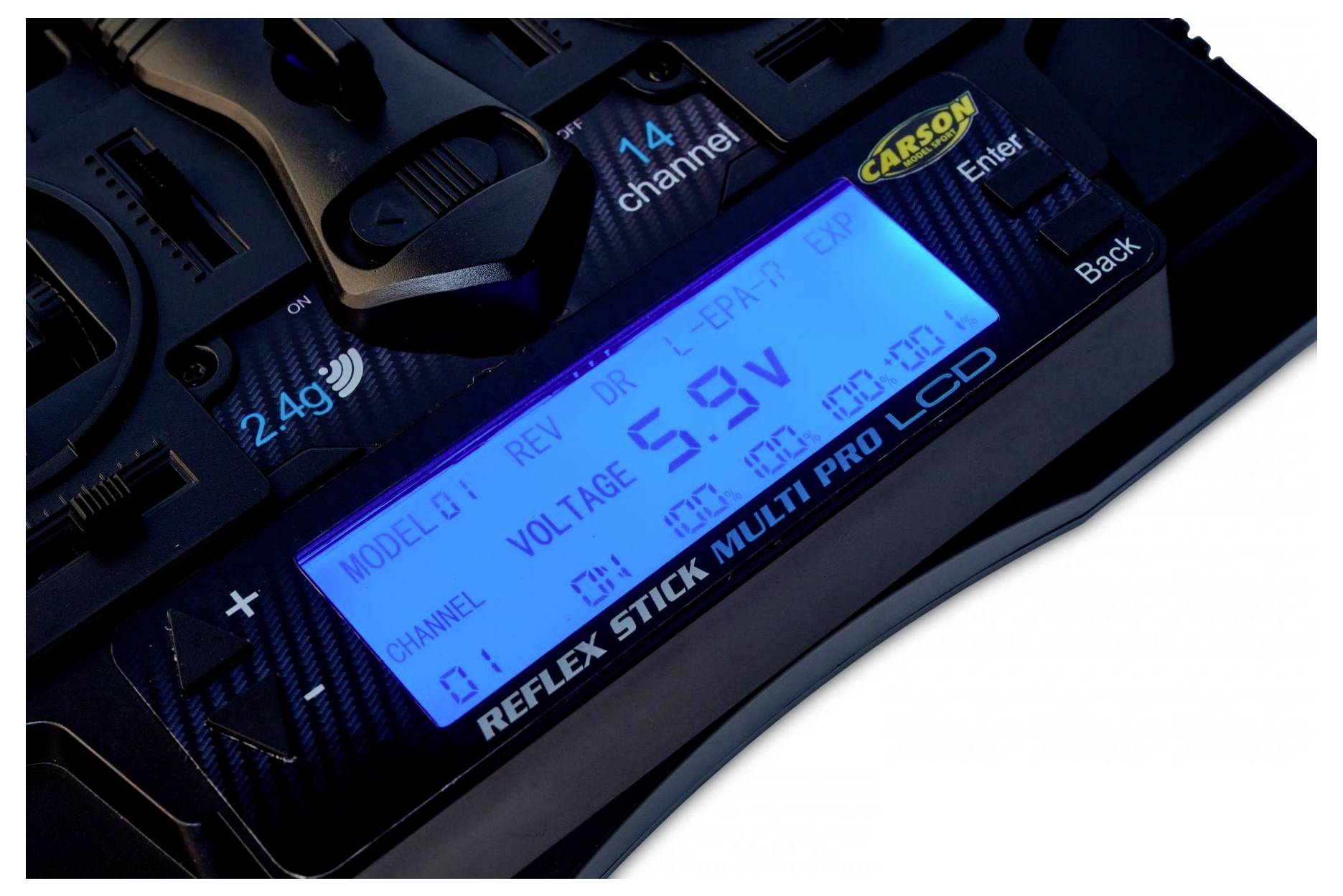 A close-up of a remote control device screen displaying 'MODEL 01' and 'VOLTAGE 5.9V', with buttons for navigation and adjustment.
