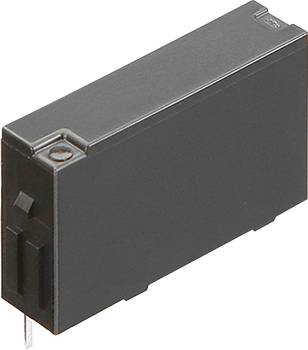 Un petit composant électronique rectangulaire noir avec deux broches métalliques à sa base, typiquement utilisé pour les circuits imprimés.