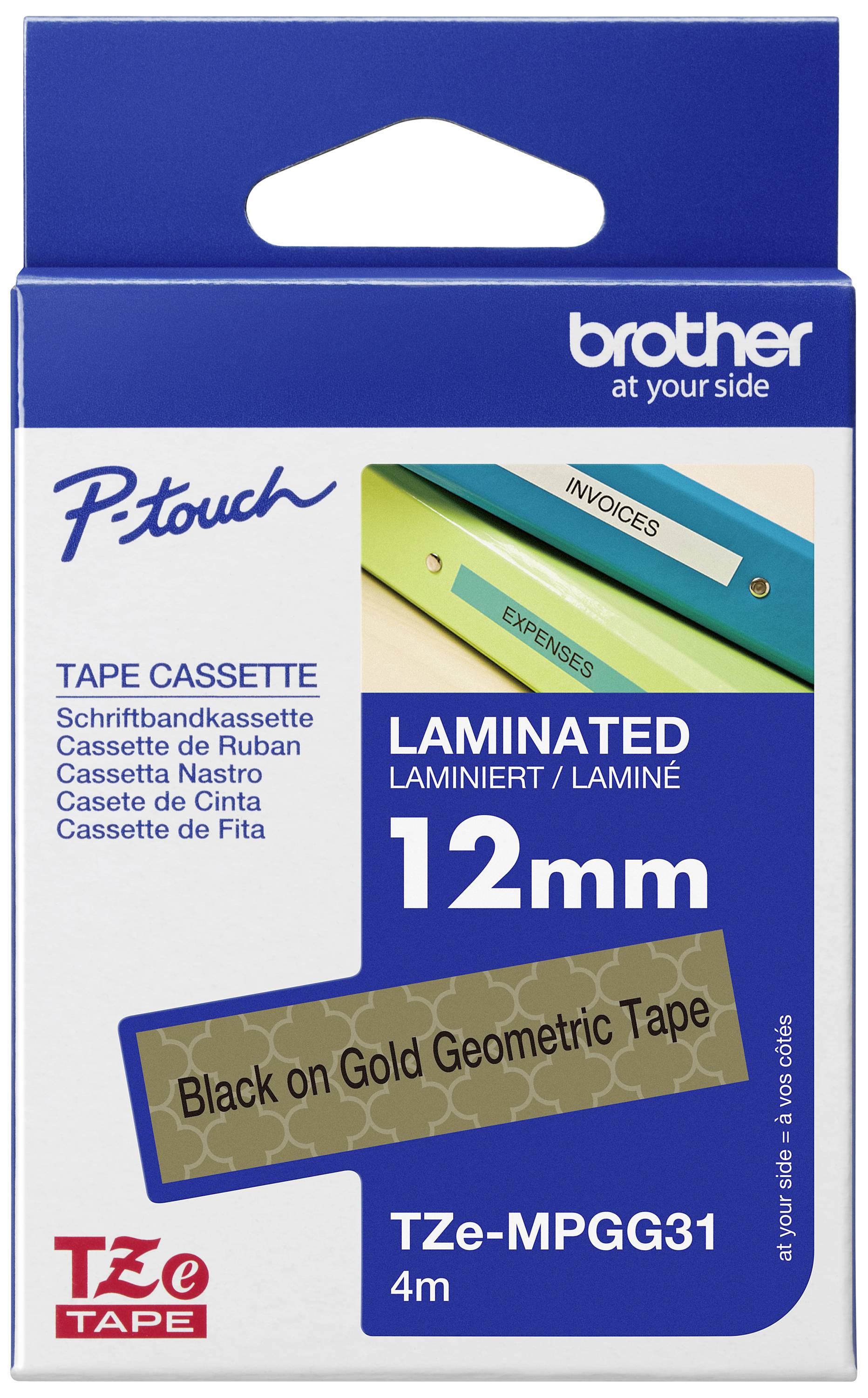 Cassette de ruban TZE-MPGG31, laminée, largeur de 12 mm, longueur de 4 m, noir sur or, motif géométrique, pour Brother P-touch.