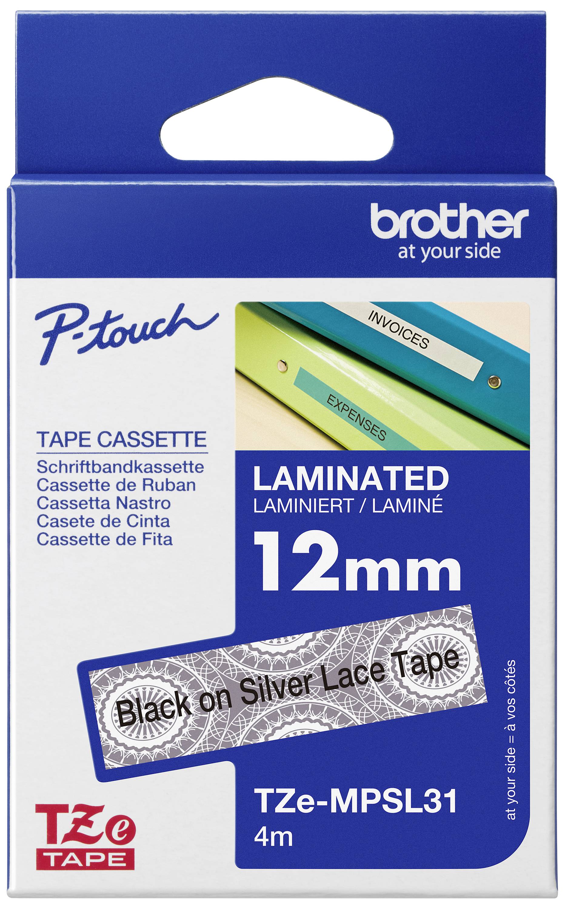 Emballage 'Brother P-touch' pour cassette de ruban de laminage, largeur de 12 mm, longueur de 4 m. Des classeurs étiquetés sont illustrés.