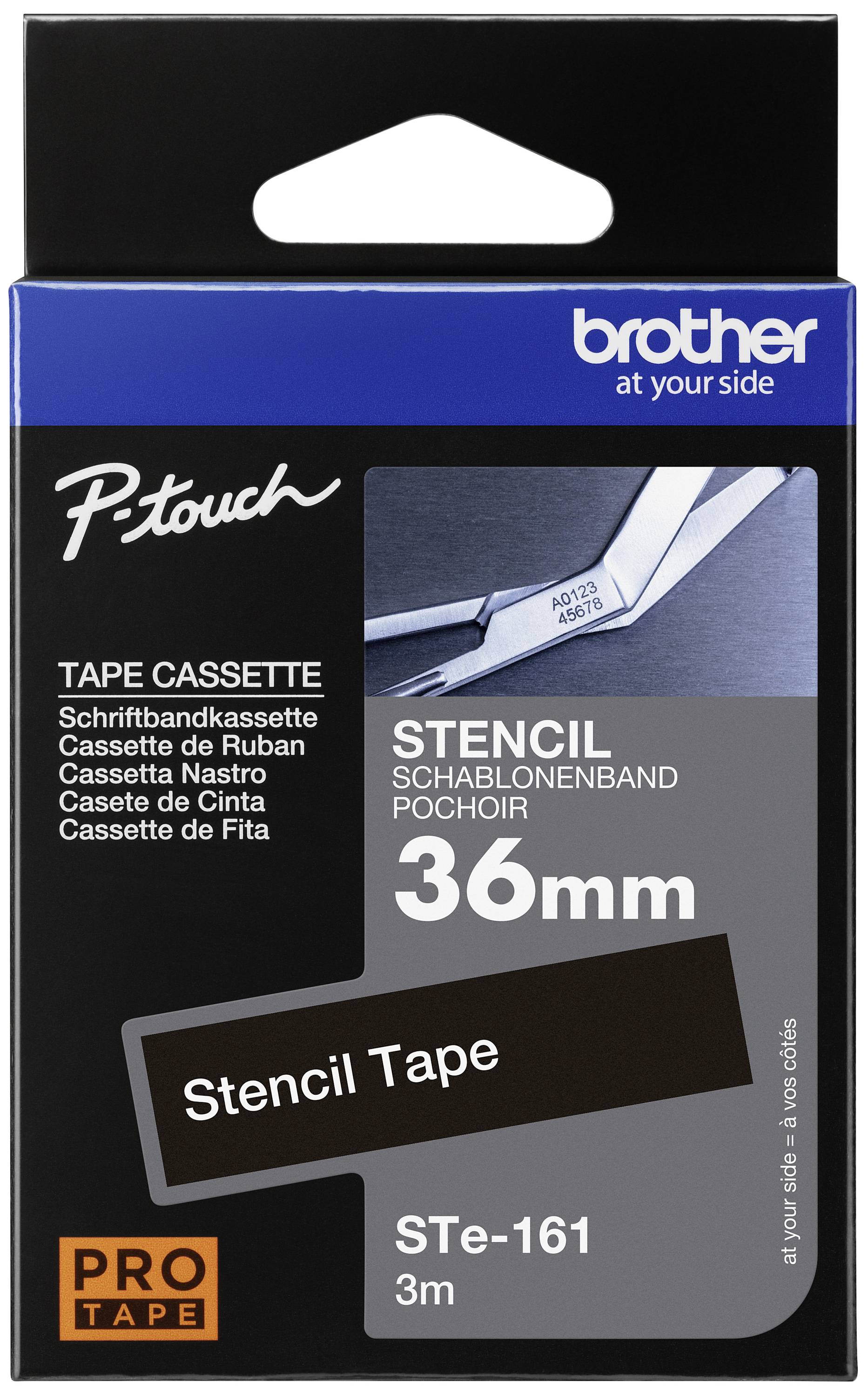Cassette de ruban pour étiqueteuse Brother P-touch, 36 mm, Noir sur Blanc, longueur de 3 m, emballage présentant le gabarit et le nom du produit.