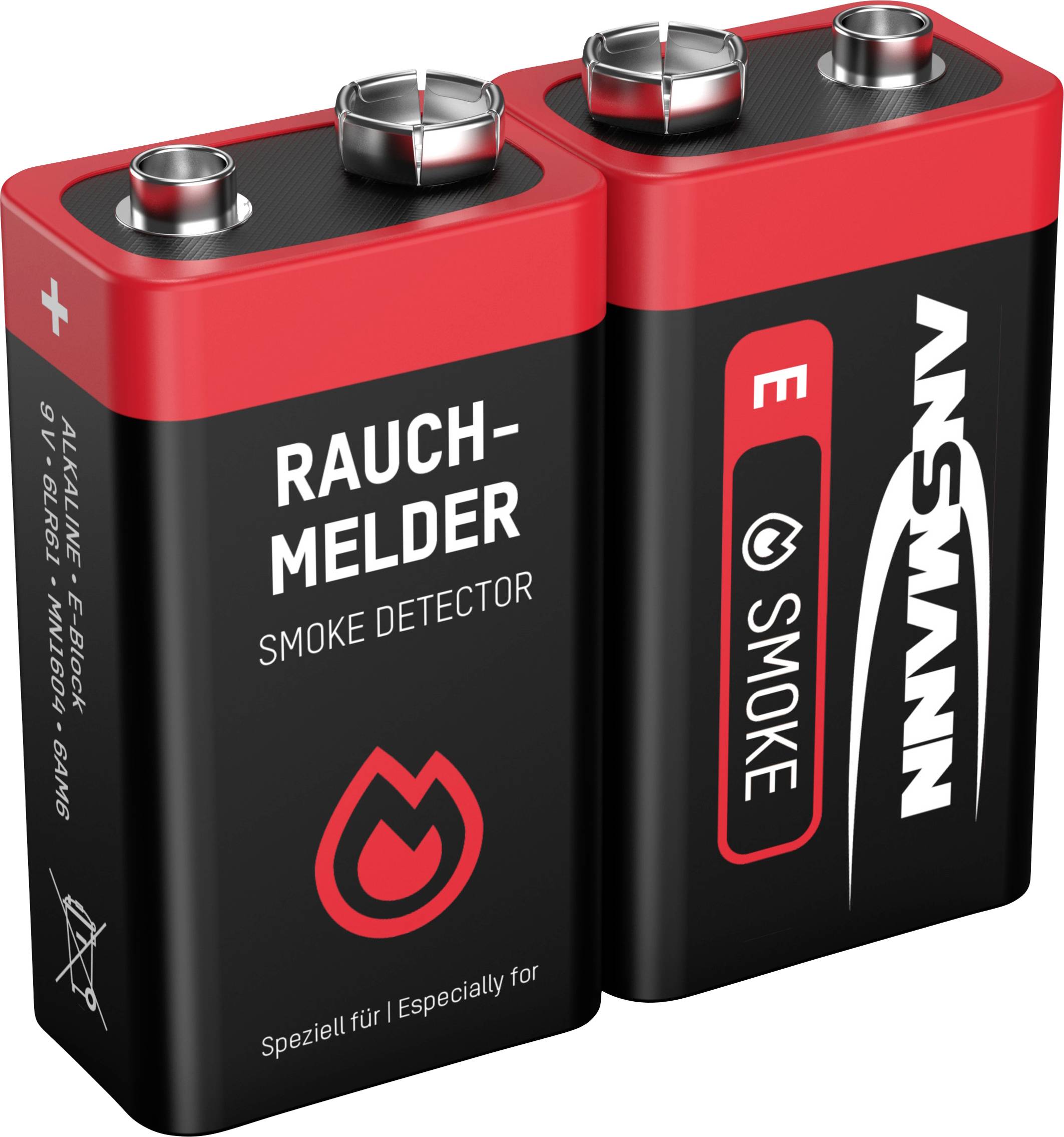 Vous voyez deux piles 9 volts Ansmann, spécialement conçues pour les détecteurs de fumée, avec un marquage rouge et des symboles de batterie.