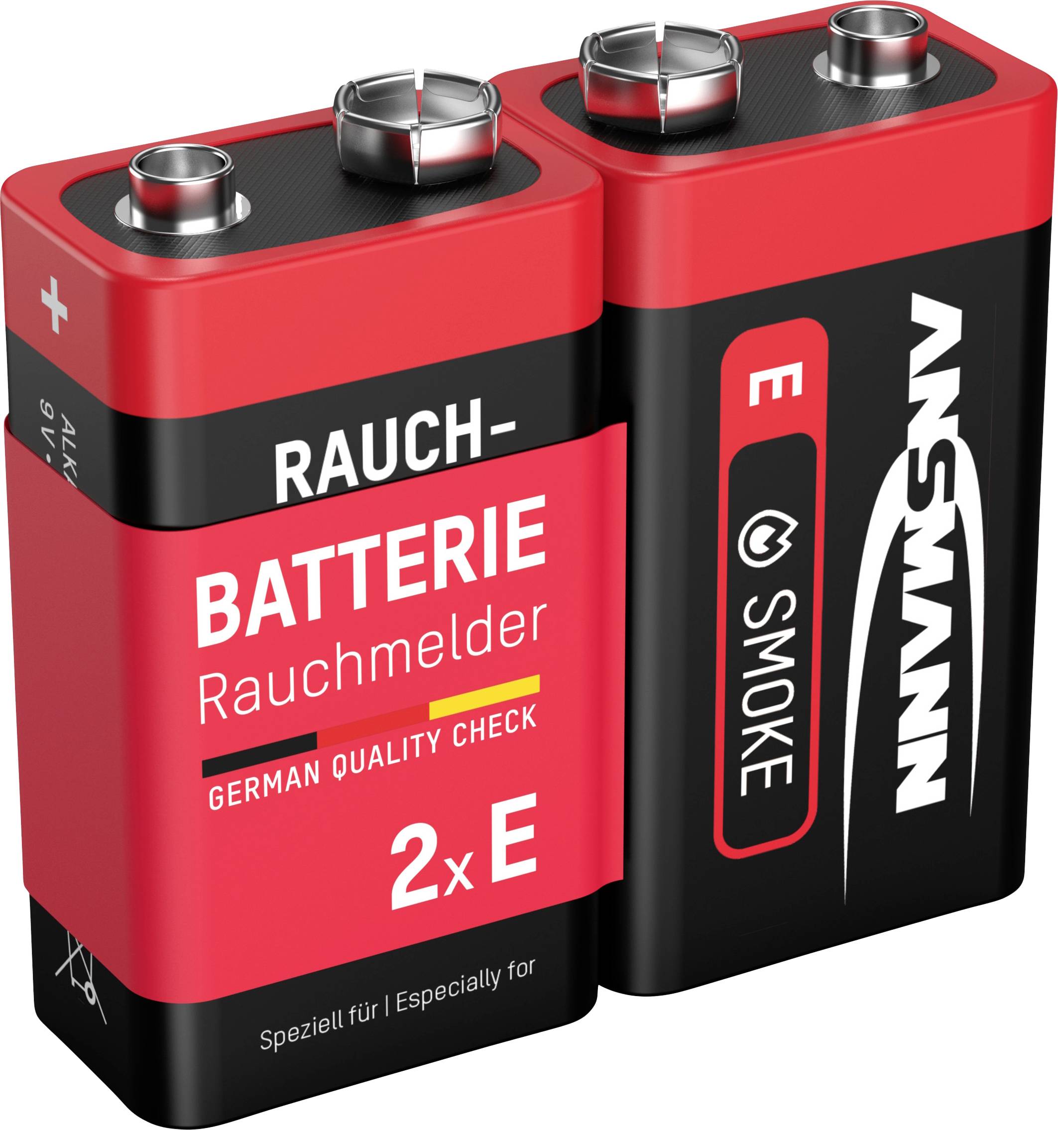 Deux piles 9V rouges pour détecteurs de fumée, avec l'inscription 'German Quality Check', compatibles avec les détecteurs de fumée et autres appareils.