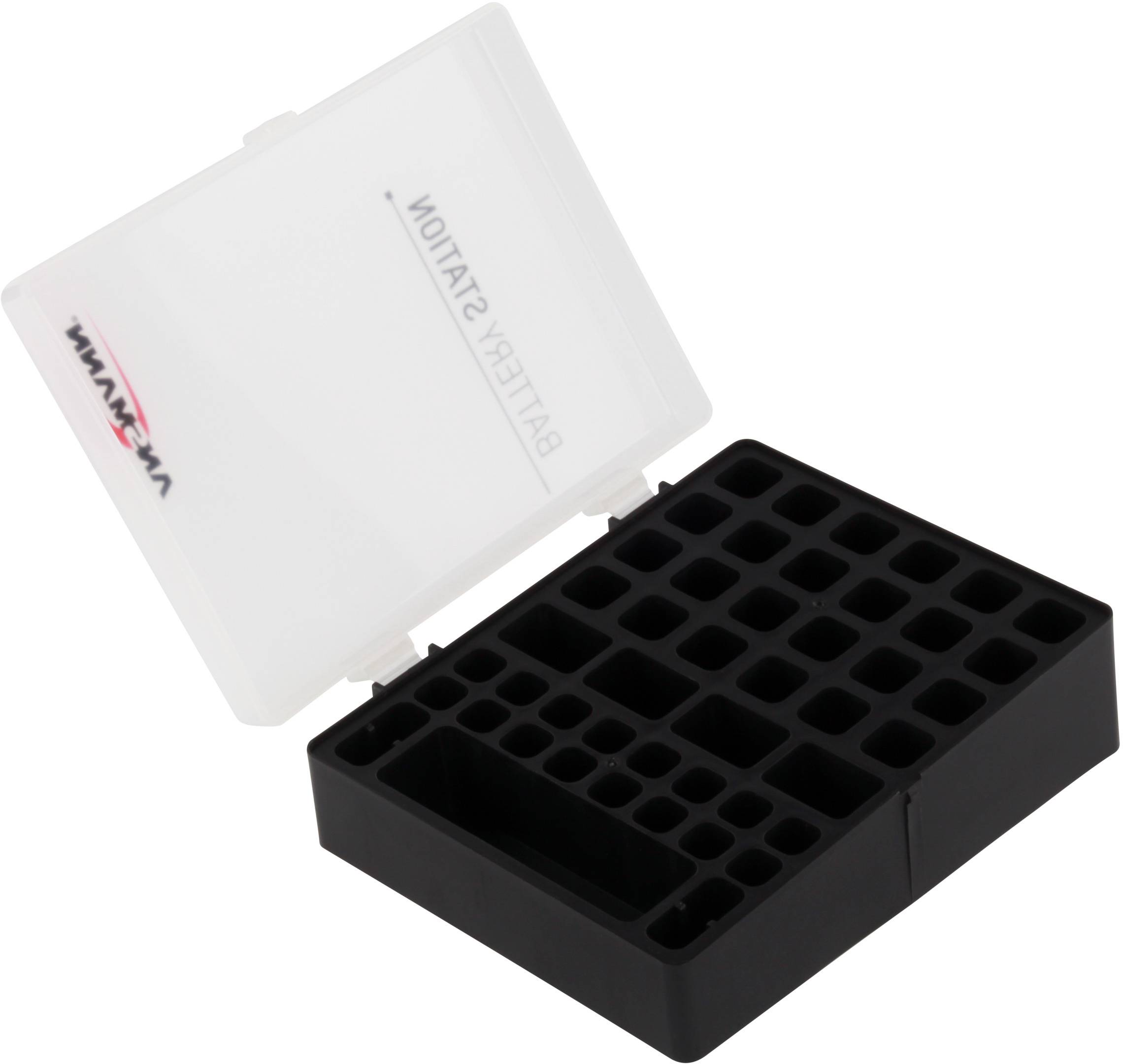 Boîte en plastique noir ouverte à plusieurs compartiments, adaptée au rangement des piles.