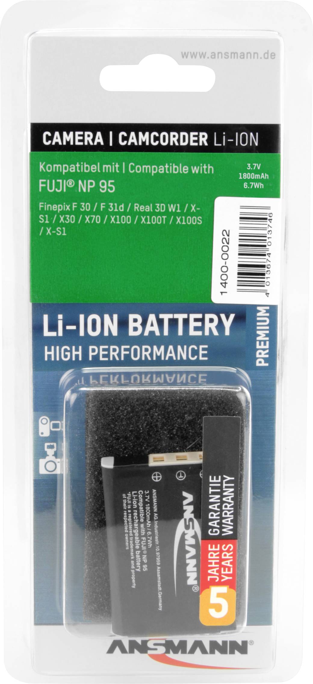 Ansmann NP-95 Batterie pour appareil photo Remplace l'accu d'origine NP-95 3.7 V 1800 mAh