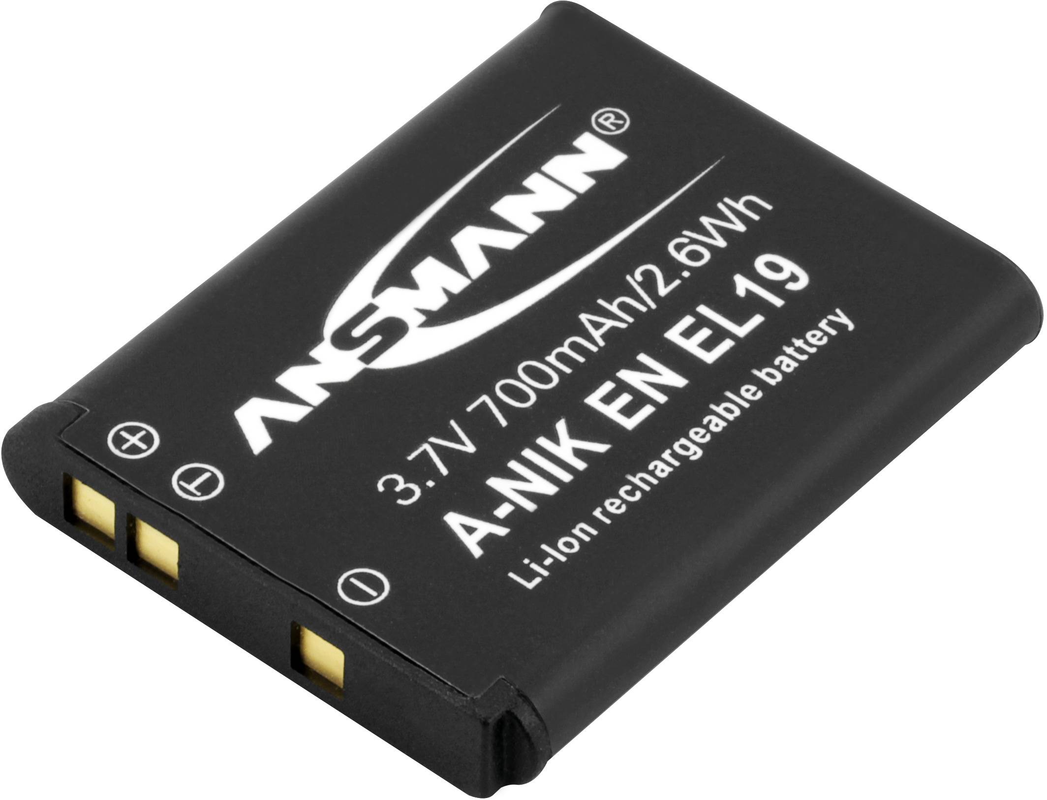 Batterie rechargeable Lithium-Ion noire avec inscription « ANSMANN A-NIK EN EL19, 3,7V, 700mAh/2,6Wh, Batterie Lithium-Ion rechargeable ».