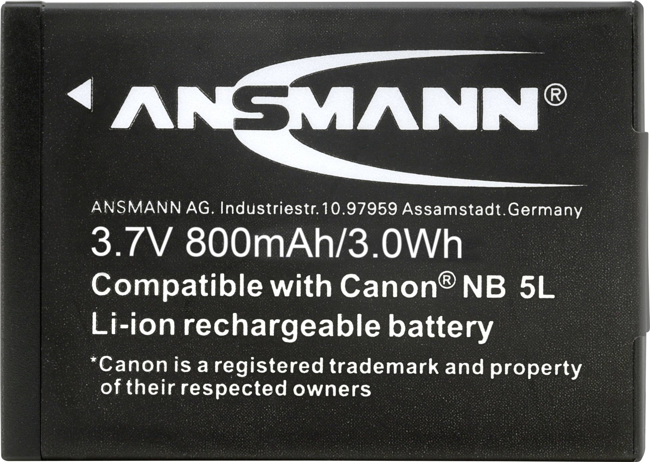 Batterie avec inscription '3.7V 800mAh/3.0Wh', compatible avec 'Canon NB 5L'. Fabricant : Ansmann AG, Allemagne.