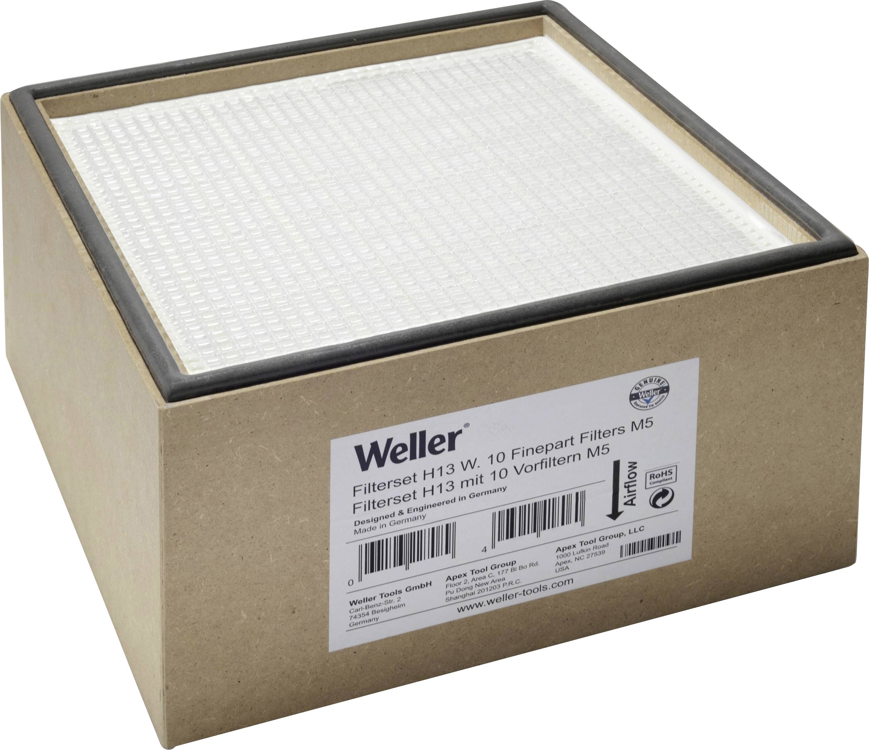 Un carton rectangulaire contenant un filtre à air Weller, modèle Filterset H13 avec 10 filtres à particules fines M5, est placé verticalement.