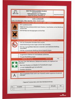 Instructions de service pour la manipulation des peintures. Étiquetage des substances dangereuses, mesures de protection, instructions de premiers secours et consignes d'élimination.