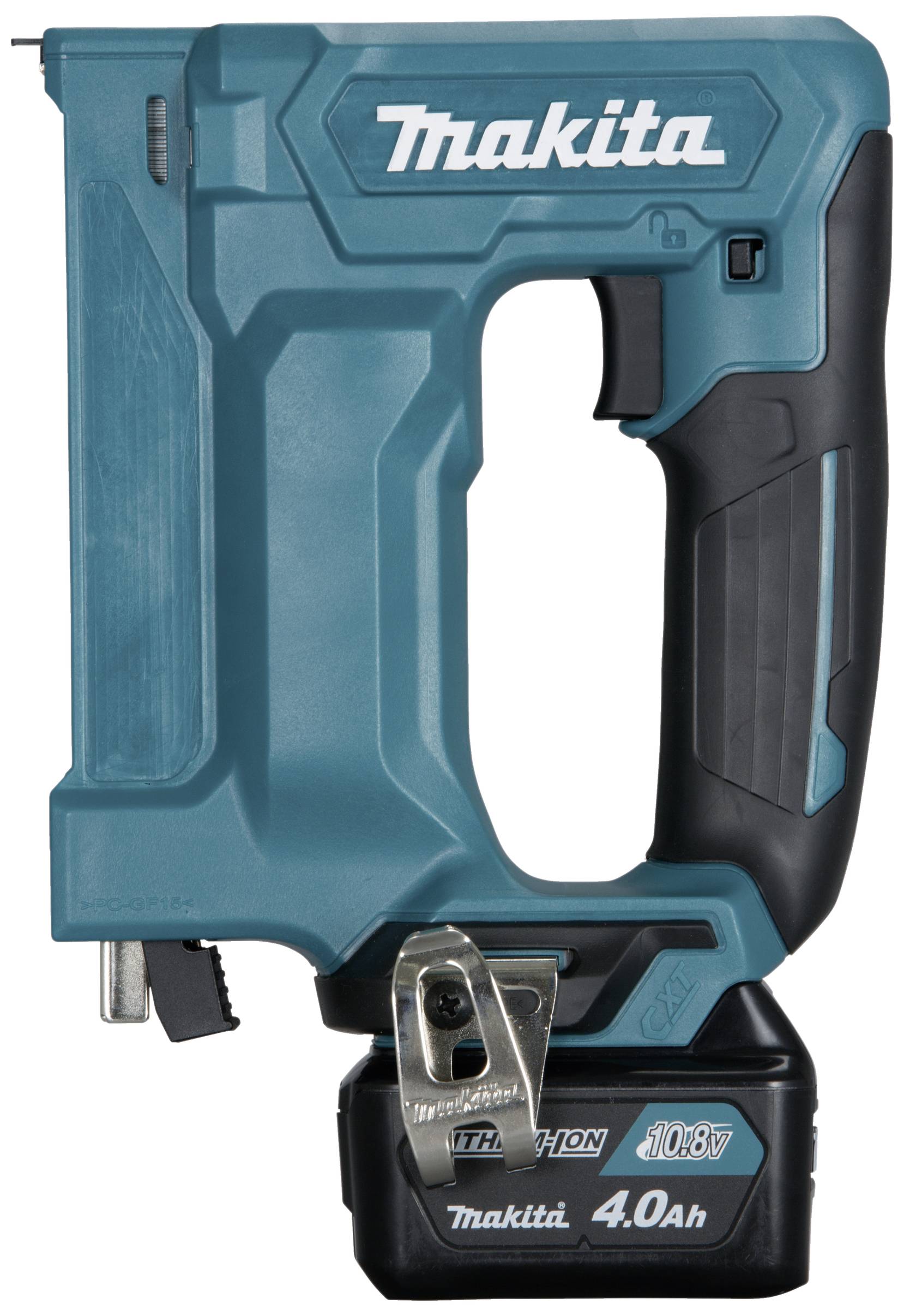 Cloueur sans fil en bleu et noir, marque illustrée ci-dessus. Corps de l'outil avec poignée ergonomique et batterie de 4,0 Ah dans la partie inférieure.