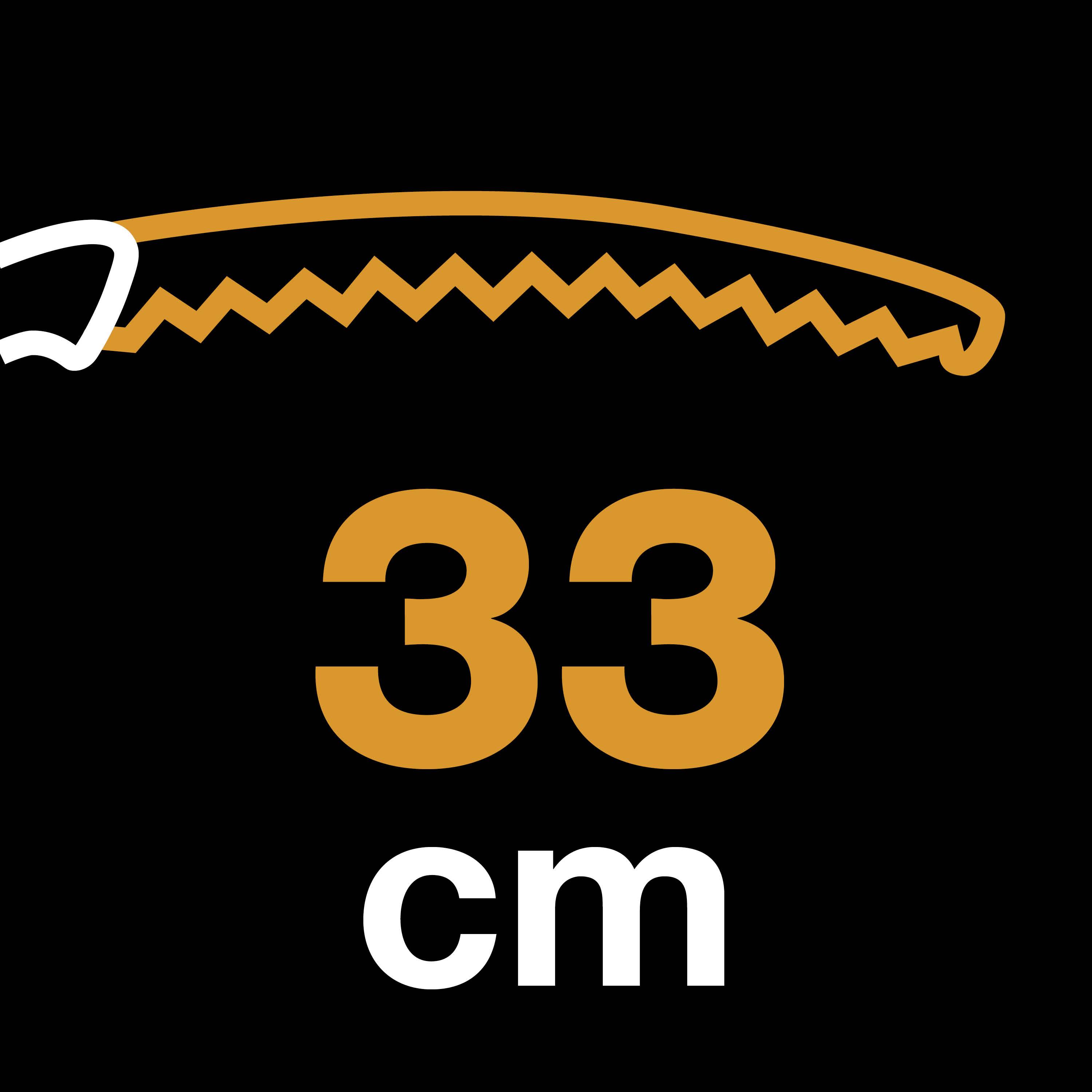 Une scie orange à dentelure en zigzag est représentée horizontalement, avec l'inscription '33 cm' en grandes lettres en dessous.