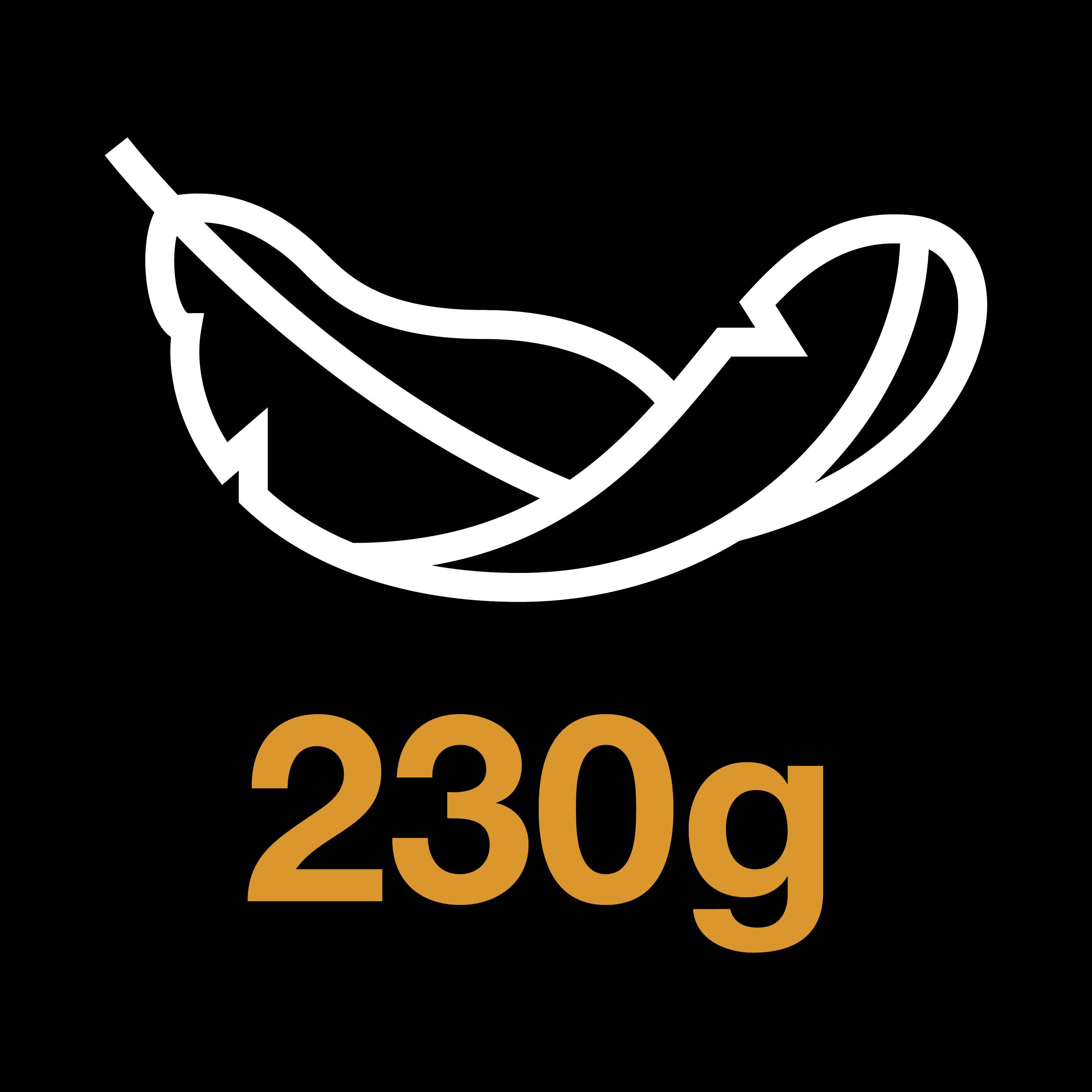L'image présente un symbole de plume blanc au-dessus du nombre orange '230g' sur un fond noir.