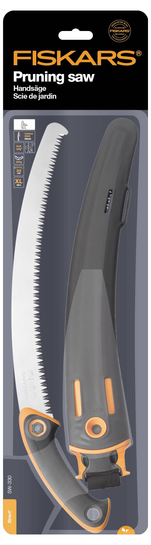 Scie à main FISKARS pour élagage, lame incurvée, poignée ergonomique, orange et noir, pour couper branches et arbustes.