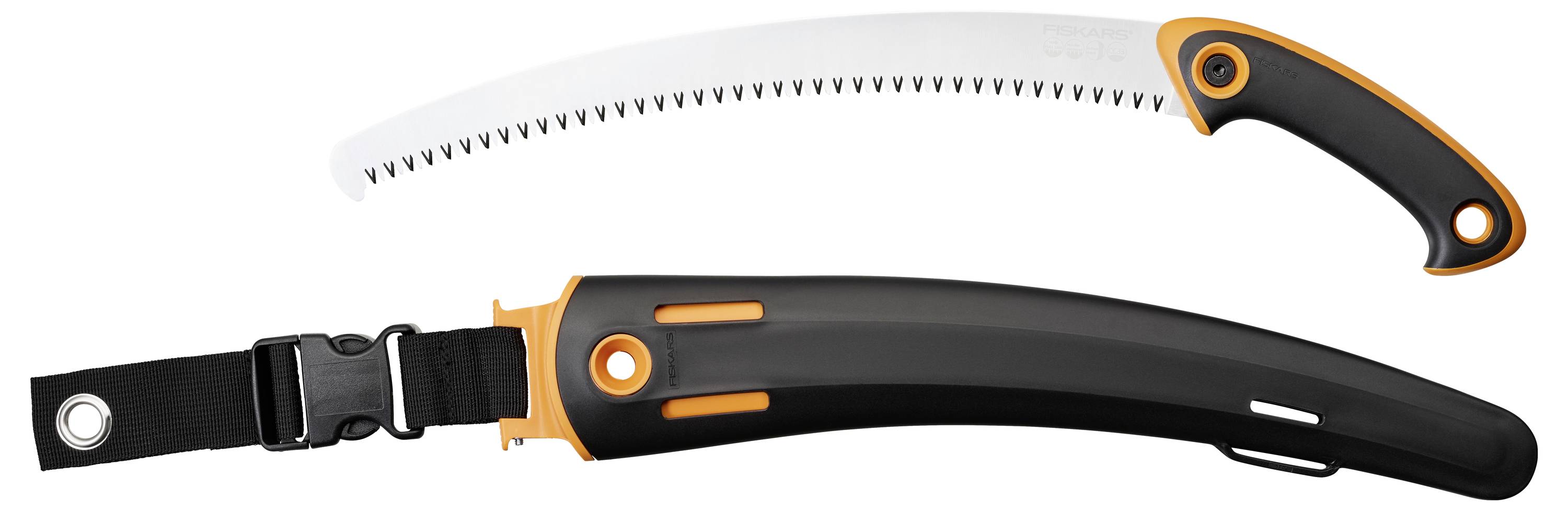 Une scie à main incurvée avec une lame dentelée et tranchante et une poignée ergonomique, accompagnée de son étui de protection avec verrou de sécurité.