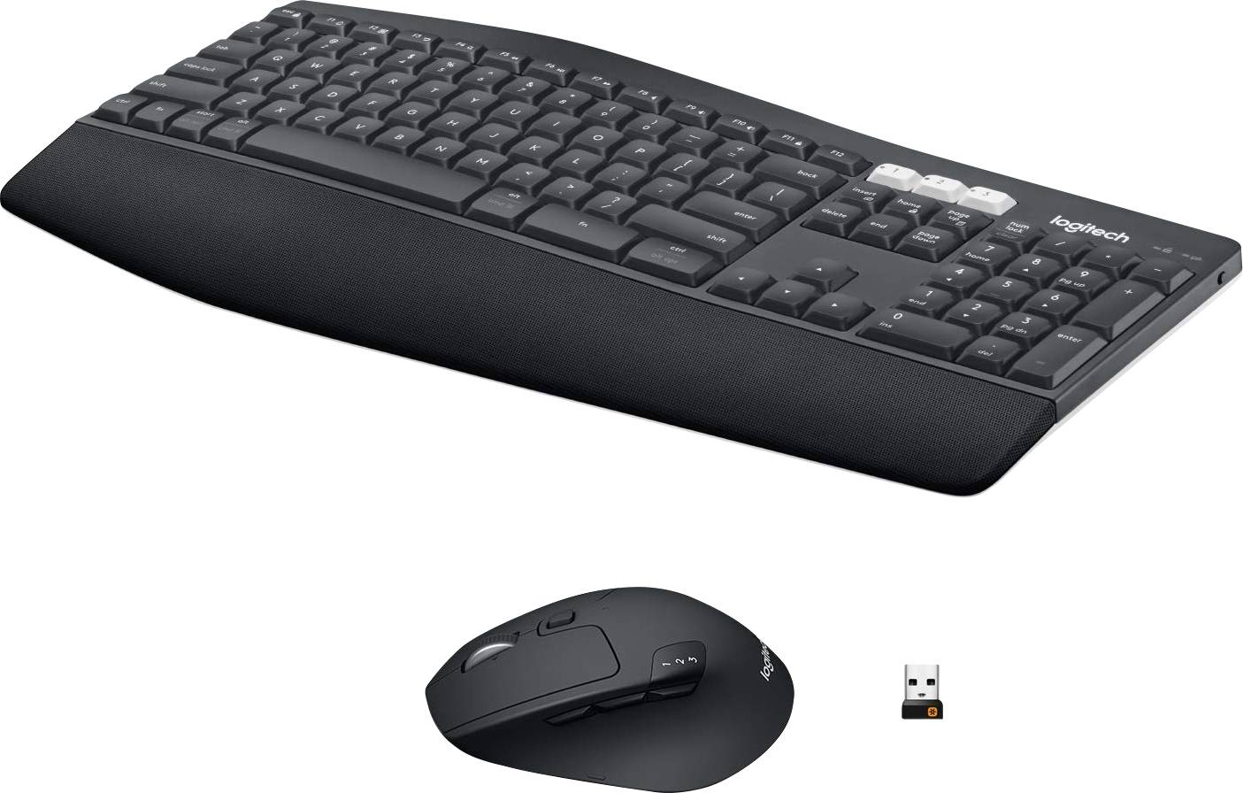 Clavier noir sans fil avec couvercle et souris noire, accompagnés d'un dongle USB pour la connexion sans fil, sur fond blanc.