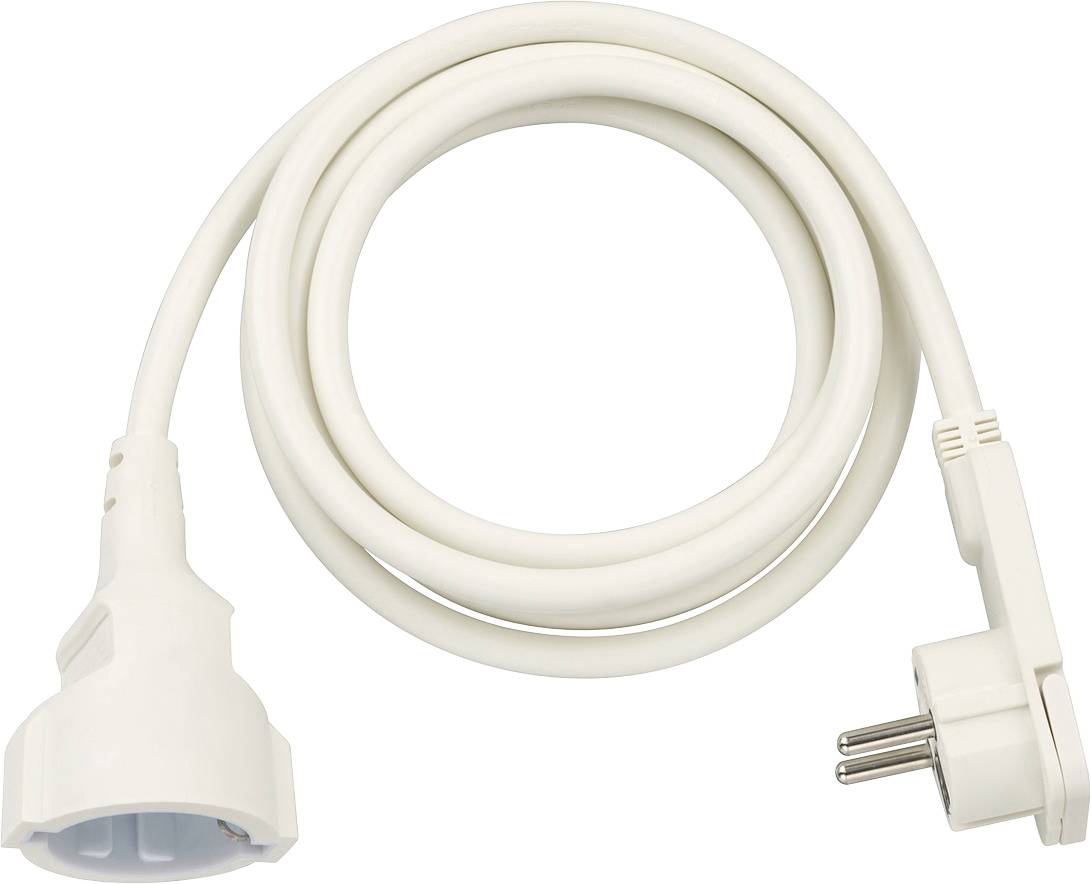 Cordon d'alimentation électrique blanc avec une fiche à 3 broches à une extrémité et un connecteur de prise à l'autre extrémité, enroulé sur un fond blanc