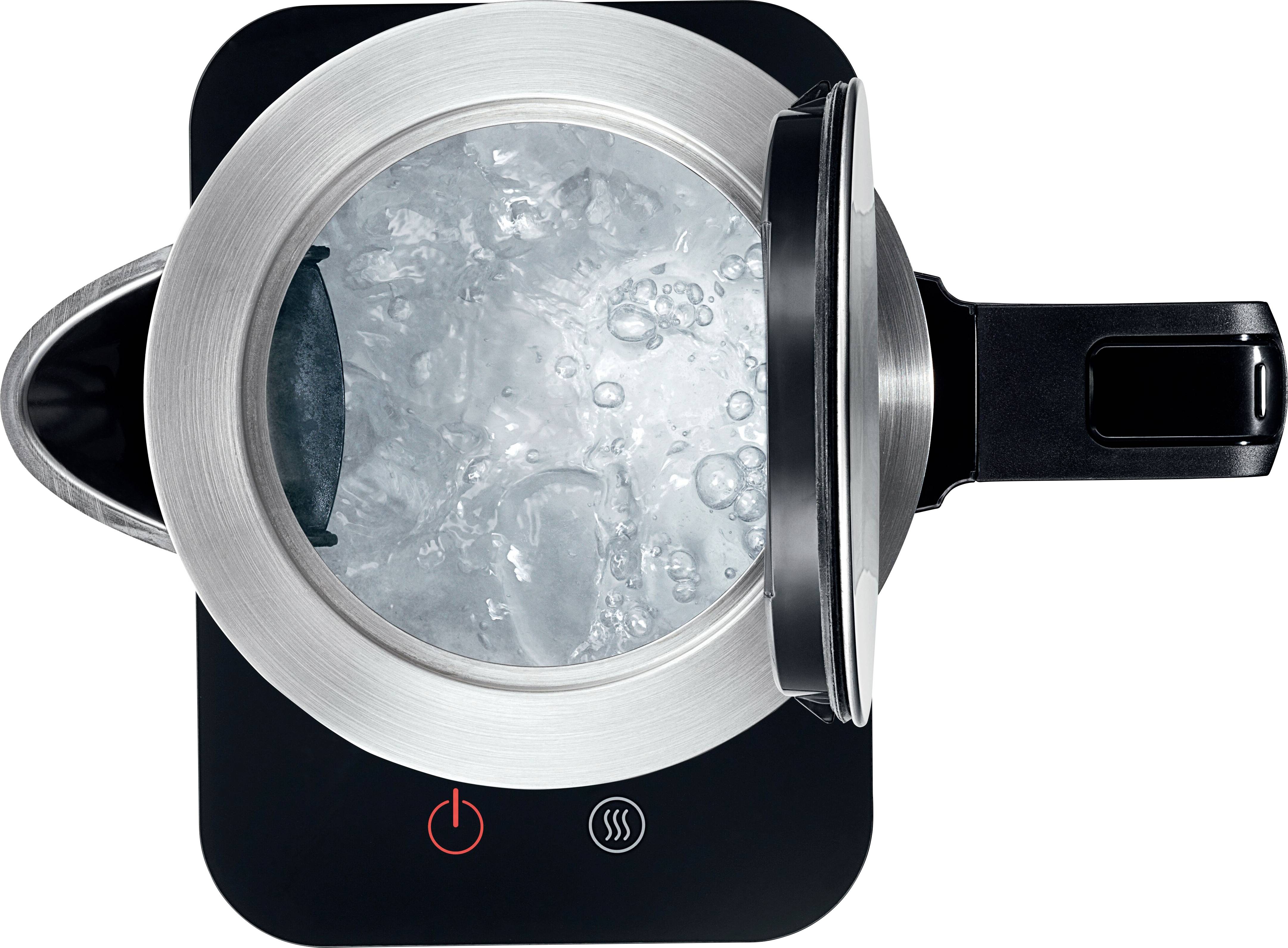 Une bouilloire électrique remplie d'eau bouillante, vue de dessus. Le couvercle est partiellement ouvert. Deux boutons sur la base : Marche/Arrêt et Maintien au chaud.