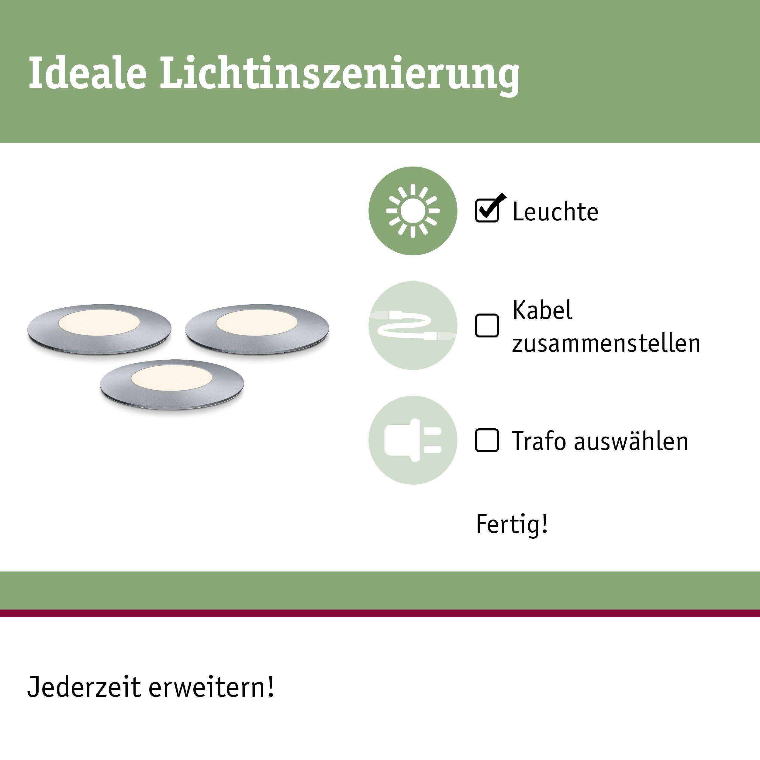 'Mise en scène lumineuse idéale' représentée avec trois lampes rondes. Liste de contrôle : assembler la lampe, assembler le câble, choisir le transformateur. Texte : 'Terminé !'.