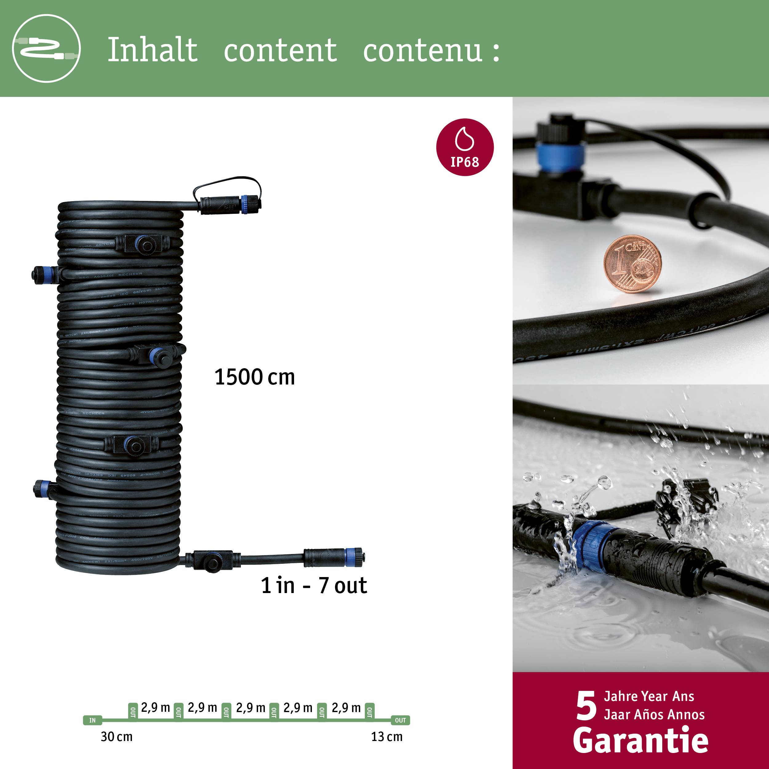'Inhalt' présente un tube noir de 1500 cm de long avec des raccords bleus. Échelle de mesure : 2,9 m | 2,9 m | 7 cm. 5 ans de garantie.
