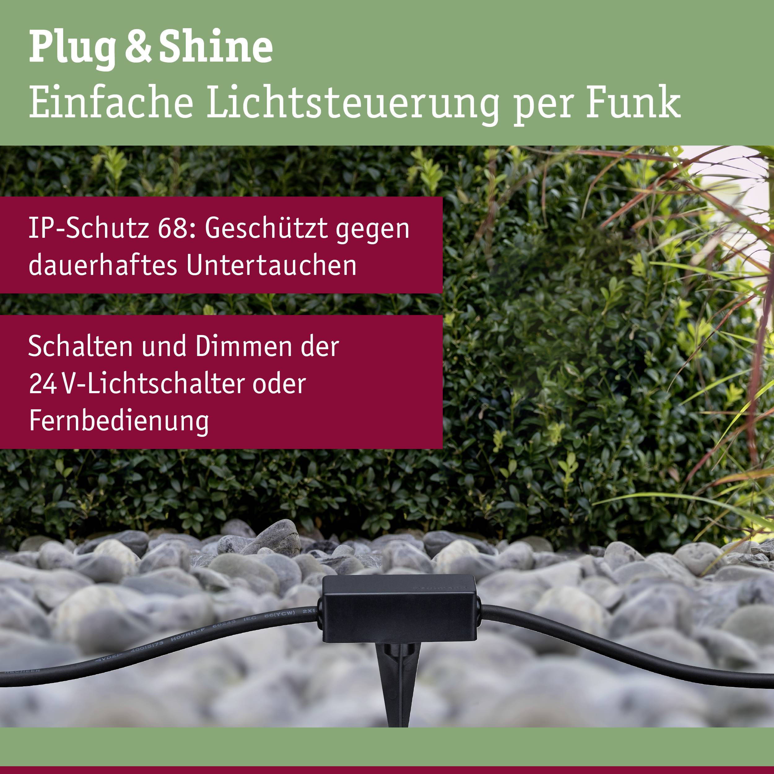 Un câble gainé de noir sur un lit de graviers dans un environnement verdoyant. En haut, il est écrit : 'Plug & Shine : Commande d'éclairage simple par radio'.
