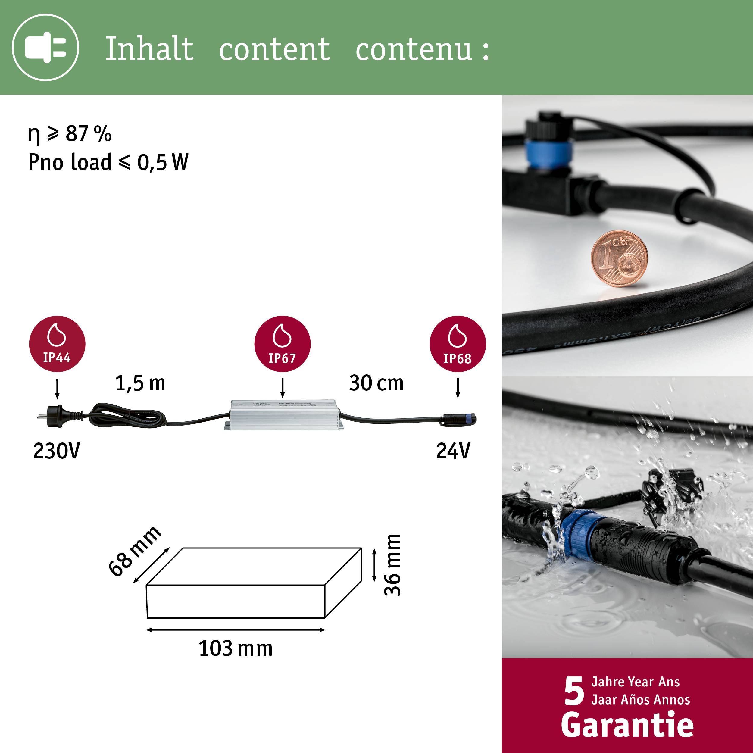 Spécifications techniques d'un appareil conforme à la norme IP68 avec un rendement supérieur à 87 %, entrée 230V, sortie 24V, et garantie de 5 ans. Dimensions : 103 x 68 x 36 mm.