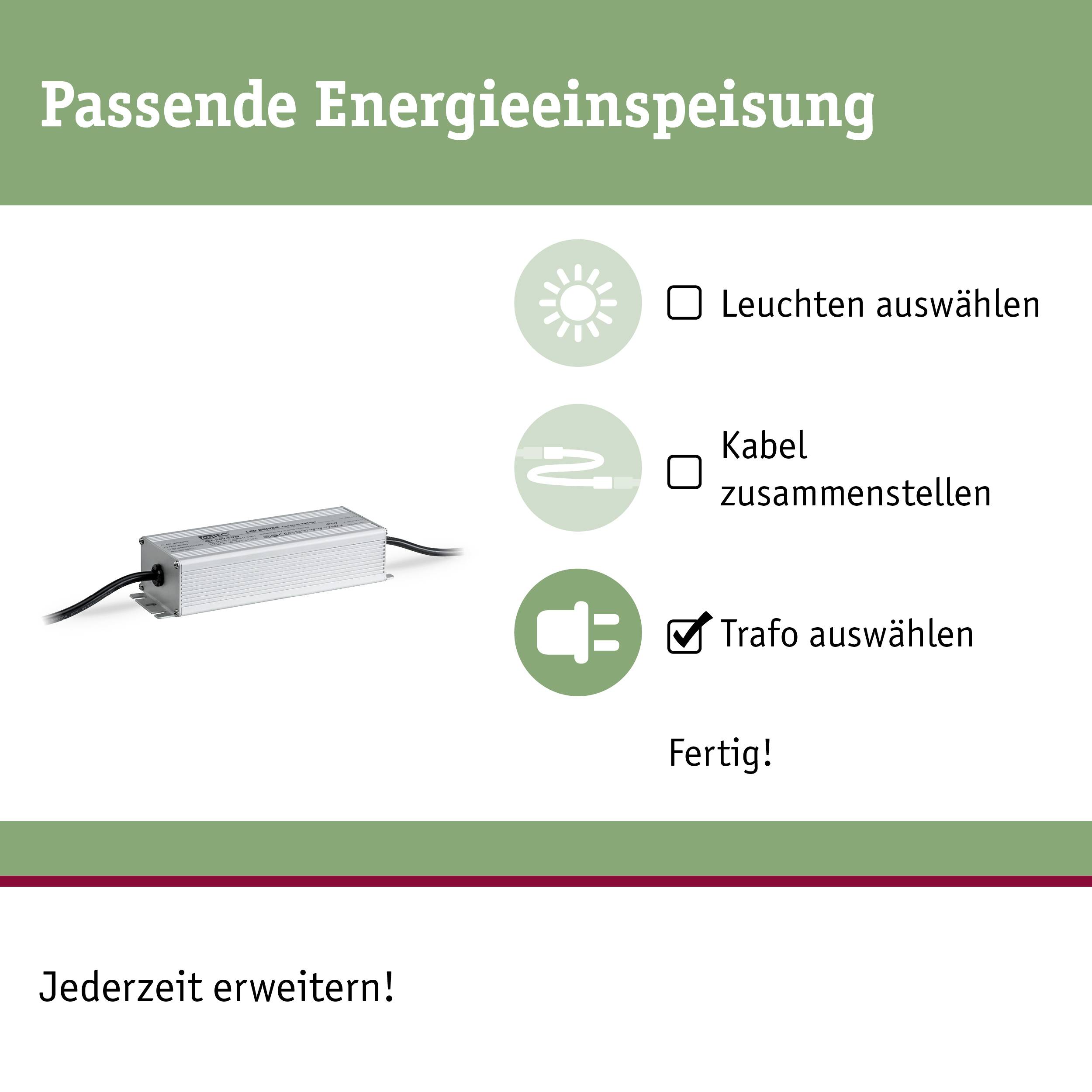 'Alimentation énergétique appropriée' avec trois options sélectionnables : 'Éclairage', 'Câble' et 'Sélectionner le transformateur'. Remarque : 'Extensible à tout moment !'.