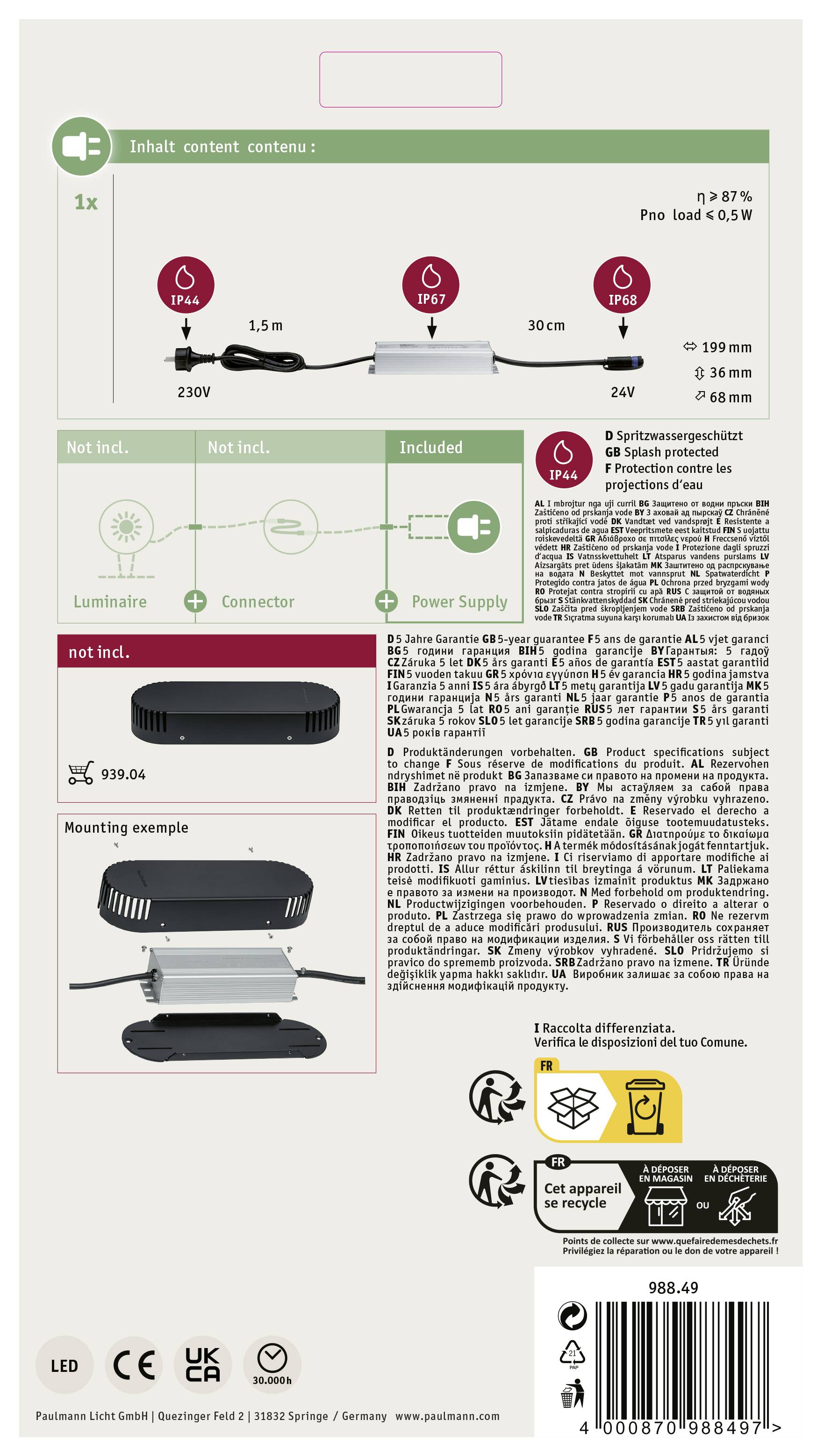Verso d'un emballage de produit avec des instructions de montage et d'utilisation. Contient des informations de sécurité et des spécifications techniques du produit.