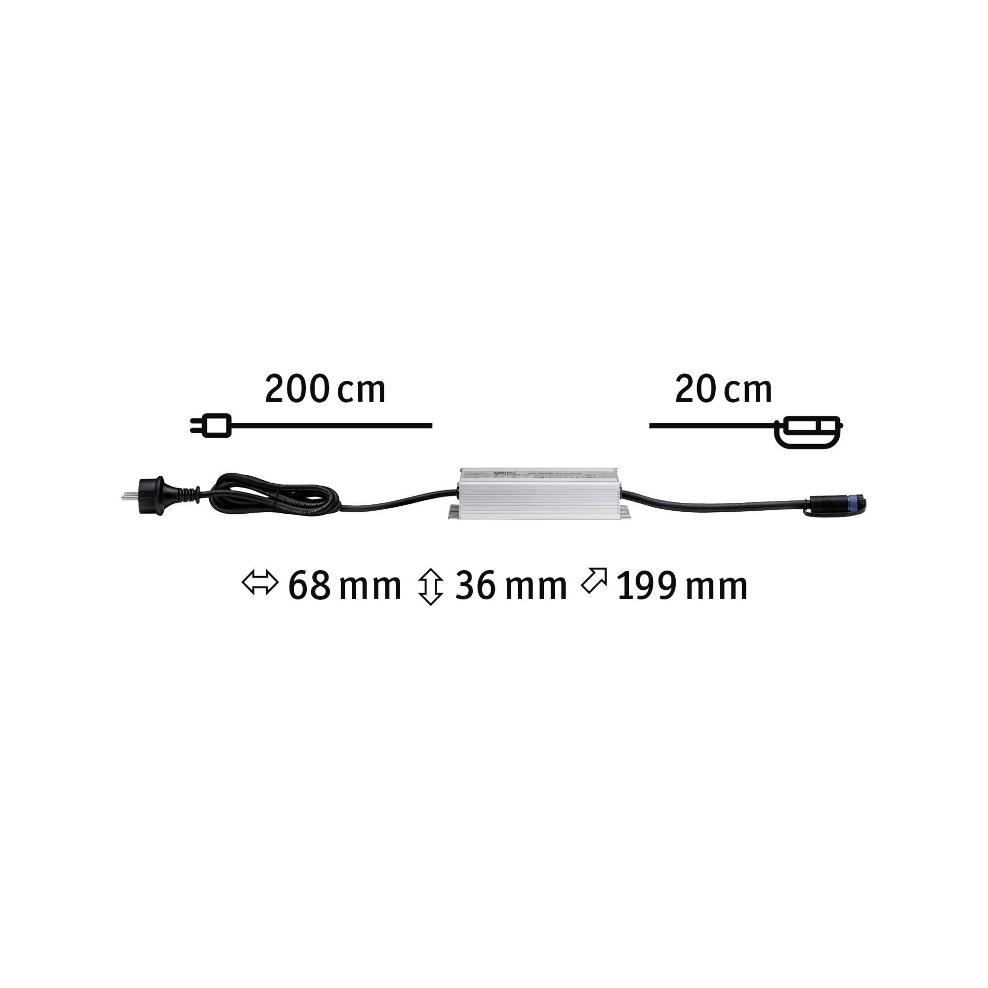 Bloc d'alimentation avec câble : câble principal de 200 cm de long, câble secondaire de 20 cm. Boîtier : longueur de 199 mm, hauteur de 36 mm, largeur de 68 mm.
