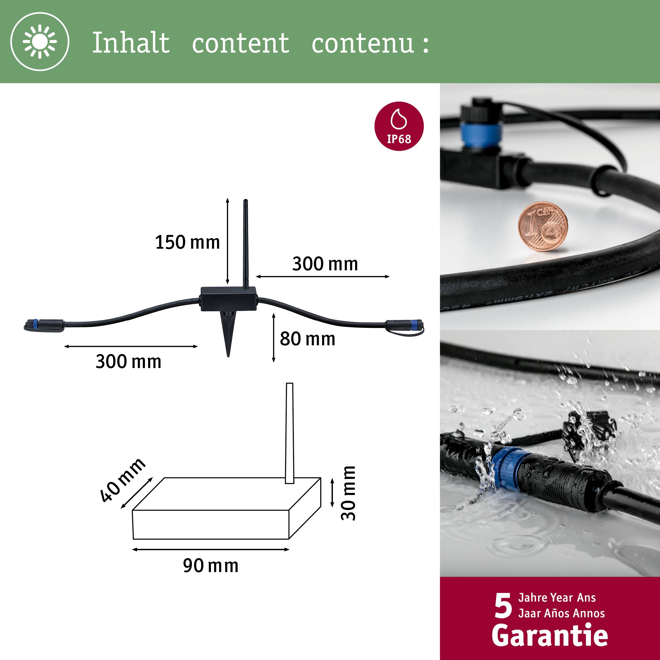 'Diagramme d'un té avec dimensions : largeur de 300 mm, hauteur de 150 mm, hauteur de 80 mm entre les verticales. Protection IP68, garantie de 5 ans.'