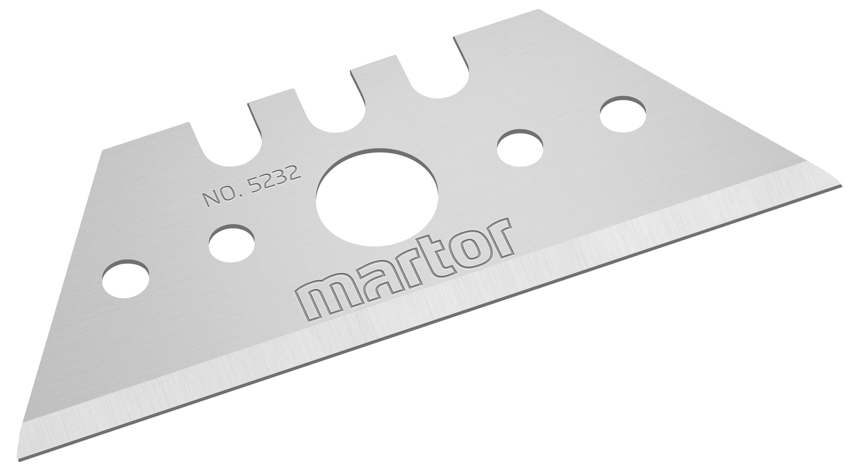 Lame de rechange trapézoïdale en argent portant l'inscription 'martor' et le numéro '5232', présentant des ouvertures rondes et des encoches.