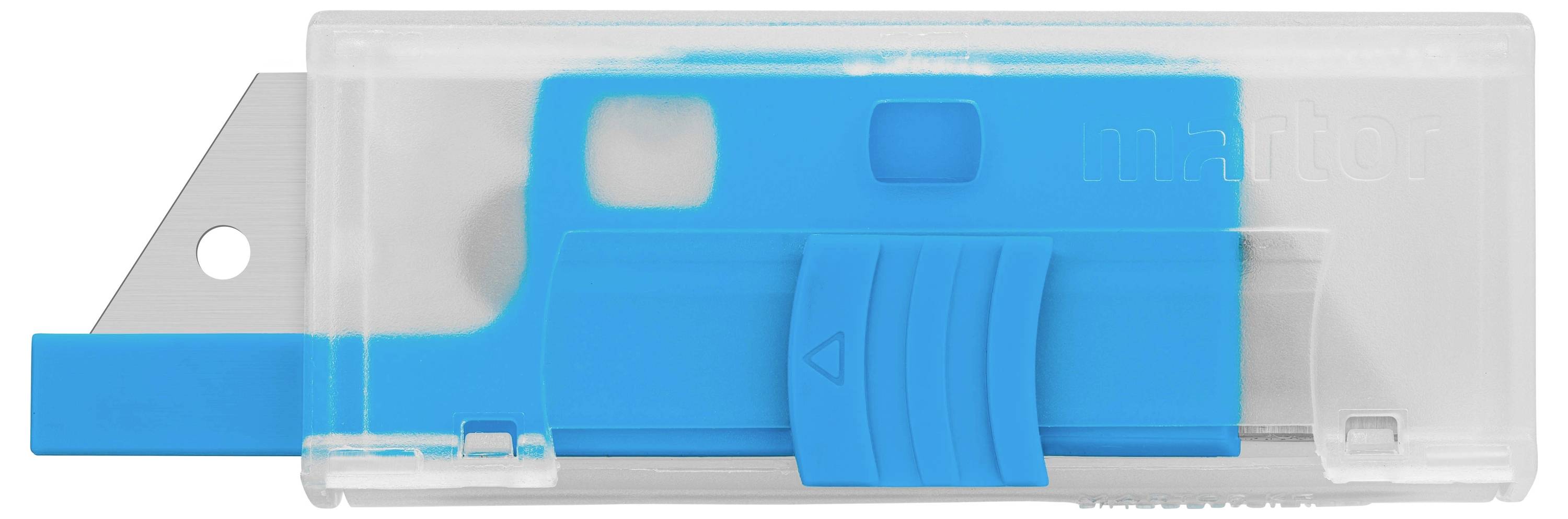 Coupe-papier transparent avec poignée bleue, lame sortie sur le côté.