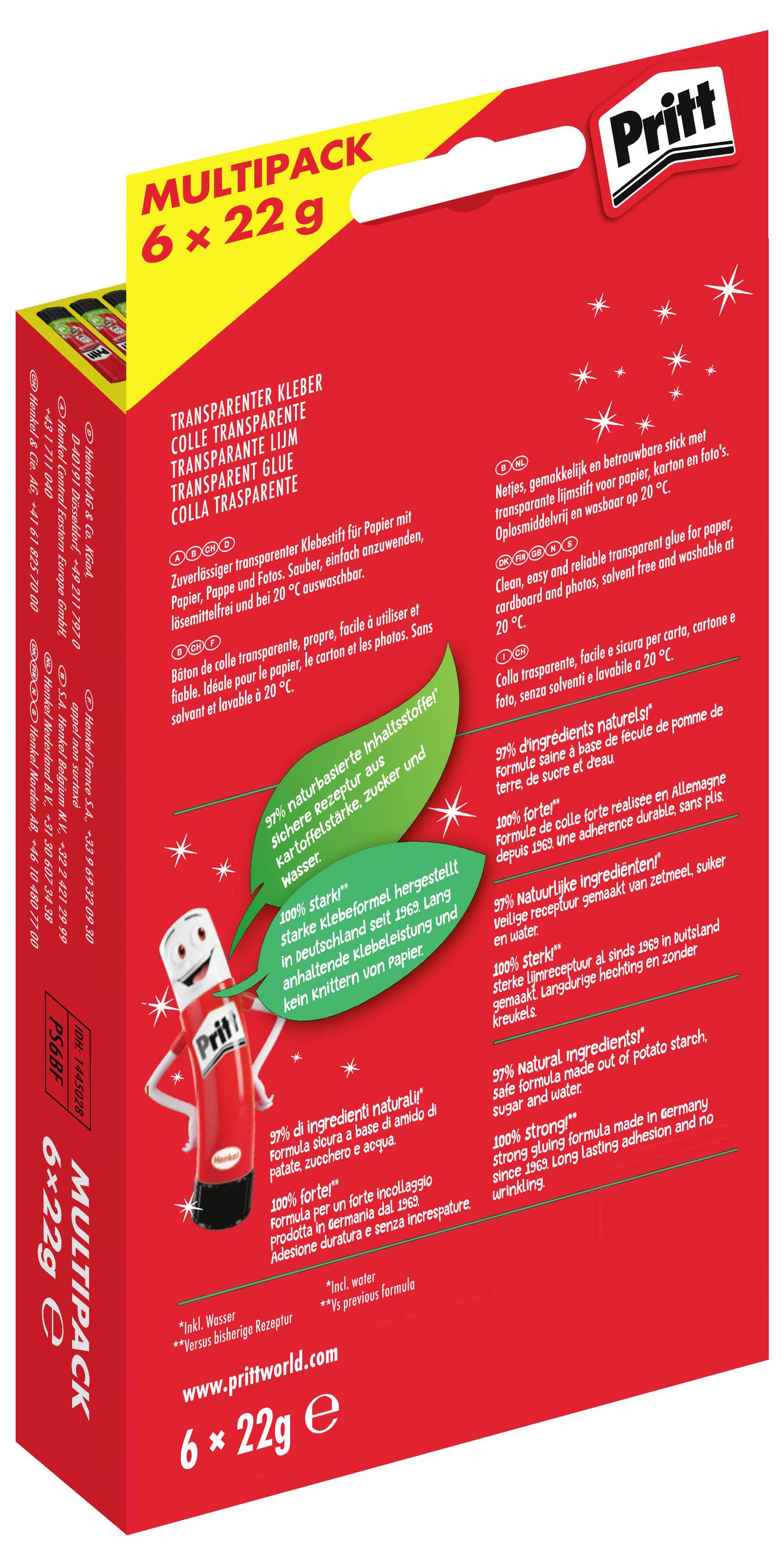 «Pritt Multipack 6 x 22g» : Emballage rouge présentant six tubes de colle. Comprend les détails du produit et les instructions d'utilisation en plusieurs langues.