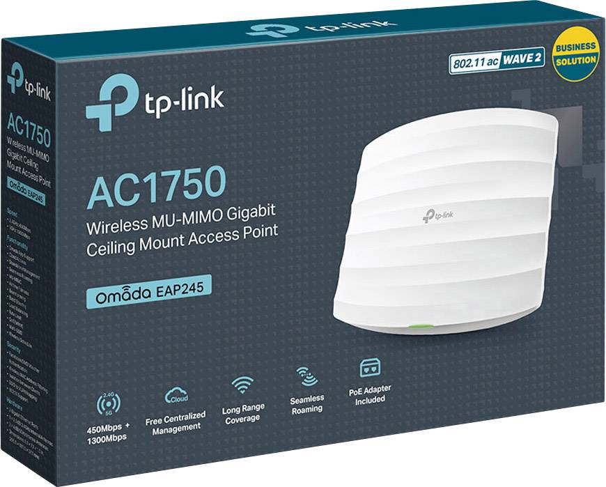 L'emballage présente le point d'accès TP-Link AC1750 Wireless MU-MIMO Gigabit pour montage au plafond, modèle EAP245, avec ses caractéristiques principales.