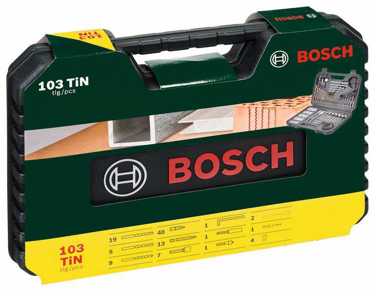 Mallette de transport Bosch pour un ensemble de forets de 103 pièces. Contient des illustrations du contenu avec des symboles et des numéros pour différentes tailles de forets.